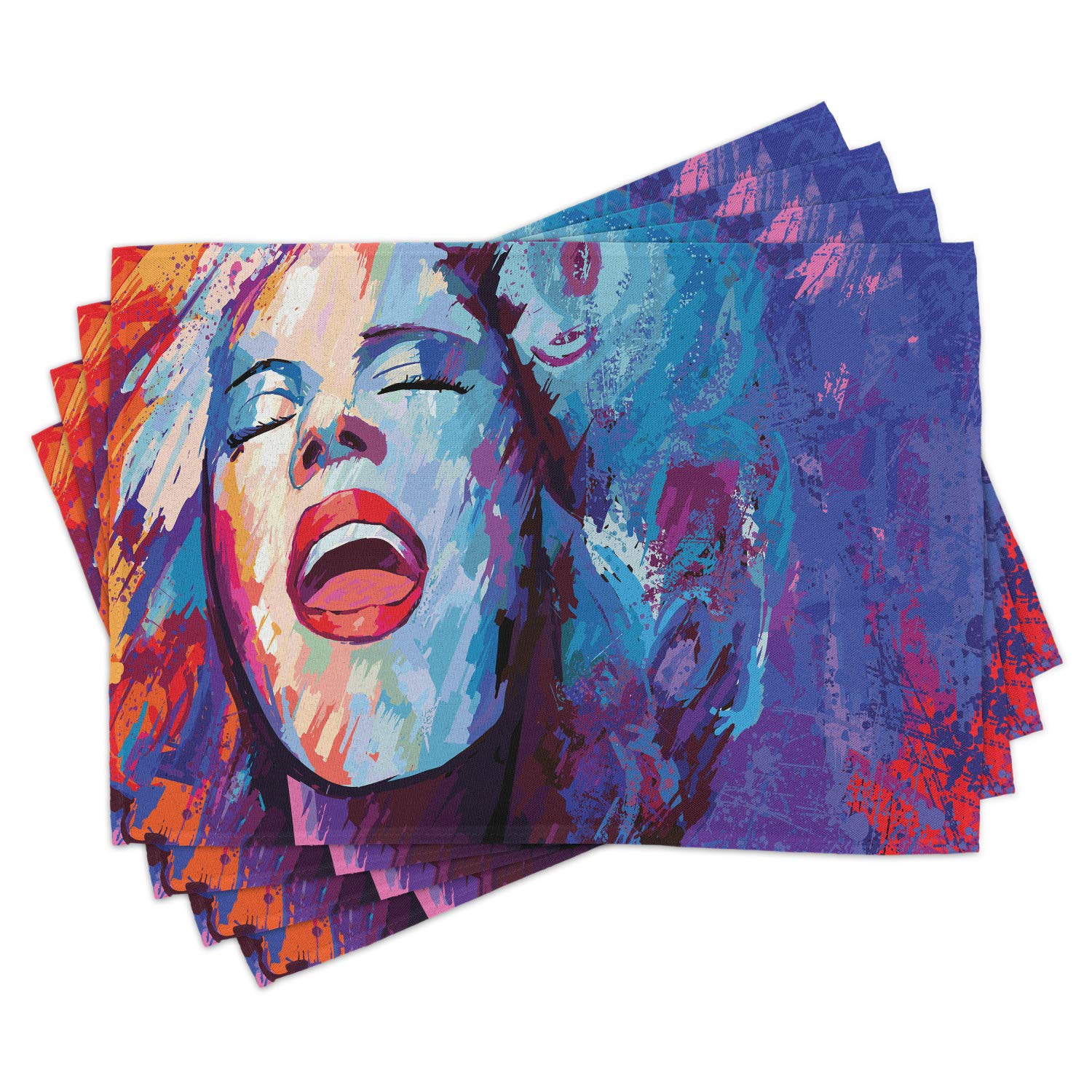 Ambesonne Jazz Music Place Mats Set of 4 - Vintage Singer Illustration on Grunge Background, Washable Fabric Table Mats for Dining Room & Kitchen Decor in Blue Purple Red - Perfect for Dinner Parties, Music Themed Events & Home Styling