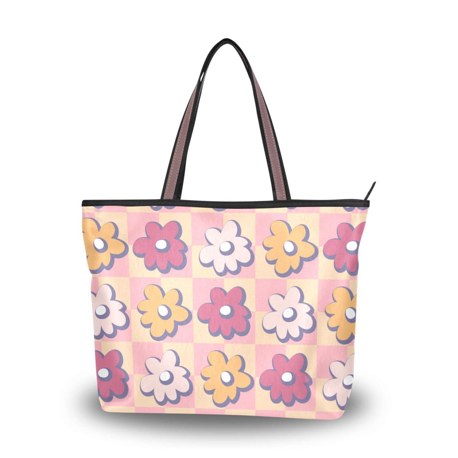 Stylish Checkerboard Floral Tote Bag with Zipper - Large Capacity Women's Grocery Purse for Daily Use (2 Size Options) | Perfect for Shopping, Work & Beach Outings