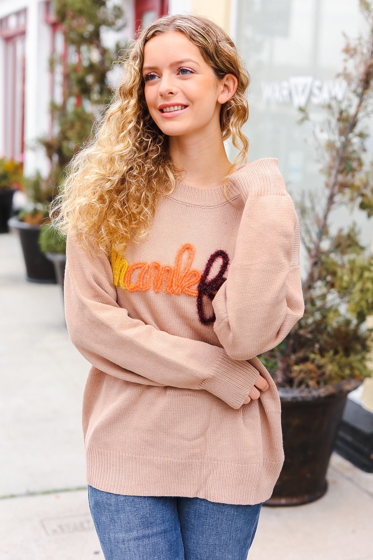 Stylish Taupe Pop-Up Glitter Embroidery Sweater for Women | Cozy Knit Pullover with Sparkle Details | Perfect for Holiday Parties & Casual Winter Outfits