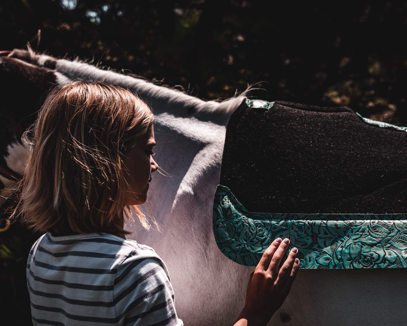 Impact Gel Contour Saddle Pad with Teal Floral Leather - Shock Absorbing Equestrian Riding Pad for Horses, Comfortable & Durable Horse Saddle Pad for Trail Riding, Dressage & Jumping