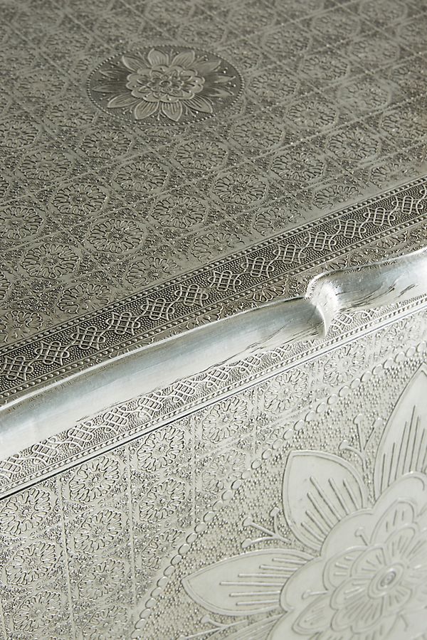 Hand Embossed Metal Buffet Table in White | Indian Handcrafted Sideboard with Floral Design | Perfect for Dining Room, Living Room & Wedding Decor