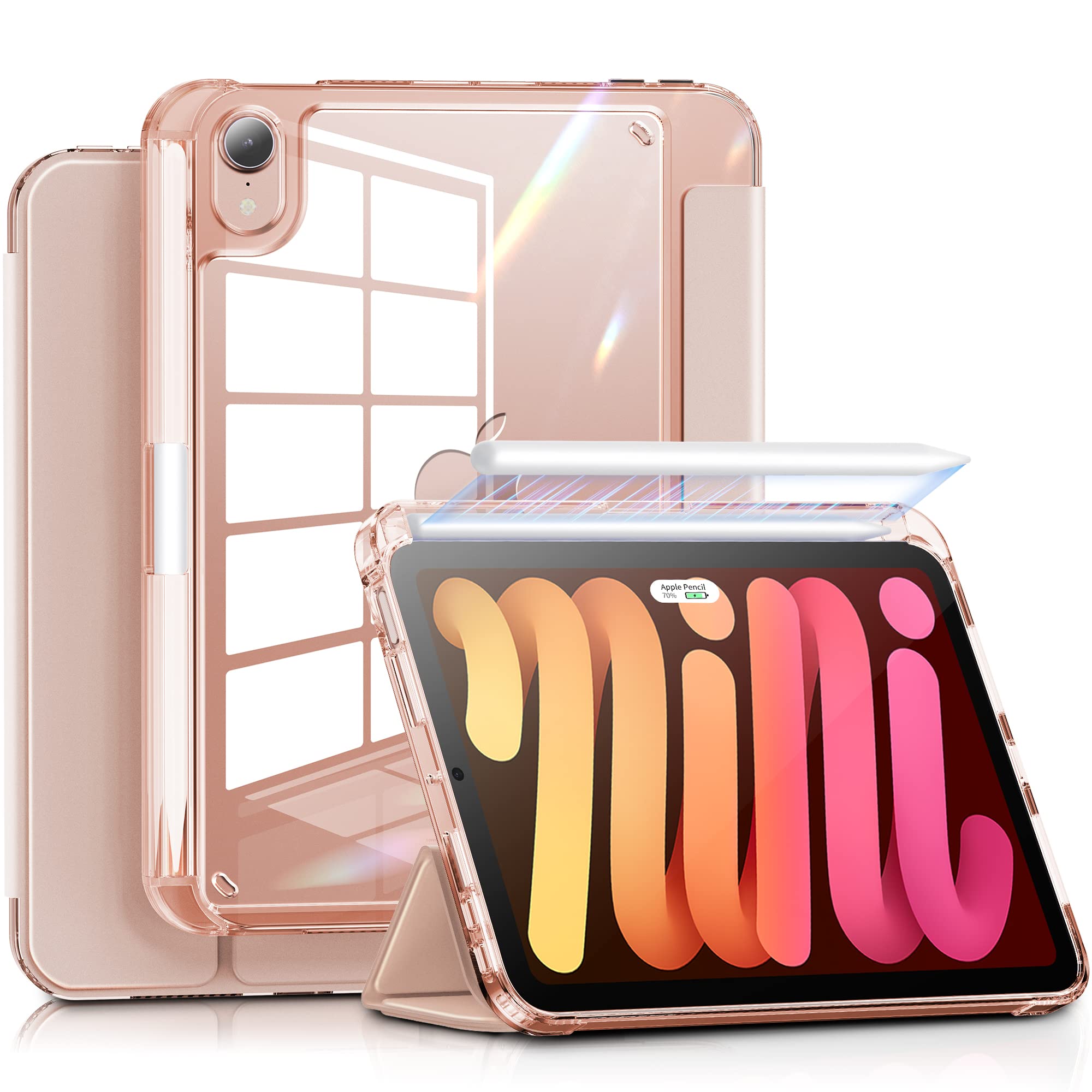 INFILAND Clear Back PU Leather Case for iPad Mini 7th/6th Generation (2024/2021 Model) - 8.3 Inch Protective Cover with Pencil Holder & Wireless Charging Support | Rose Gold | Perfect for Work, Travel & Everyday Use