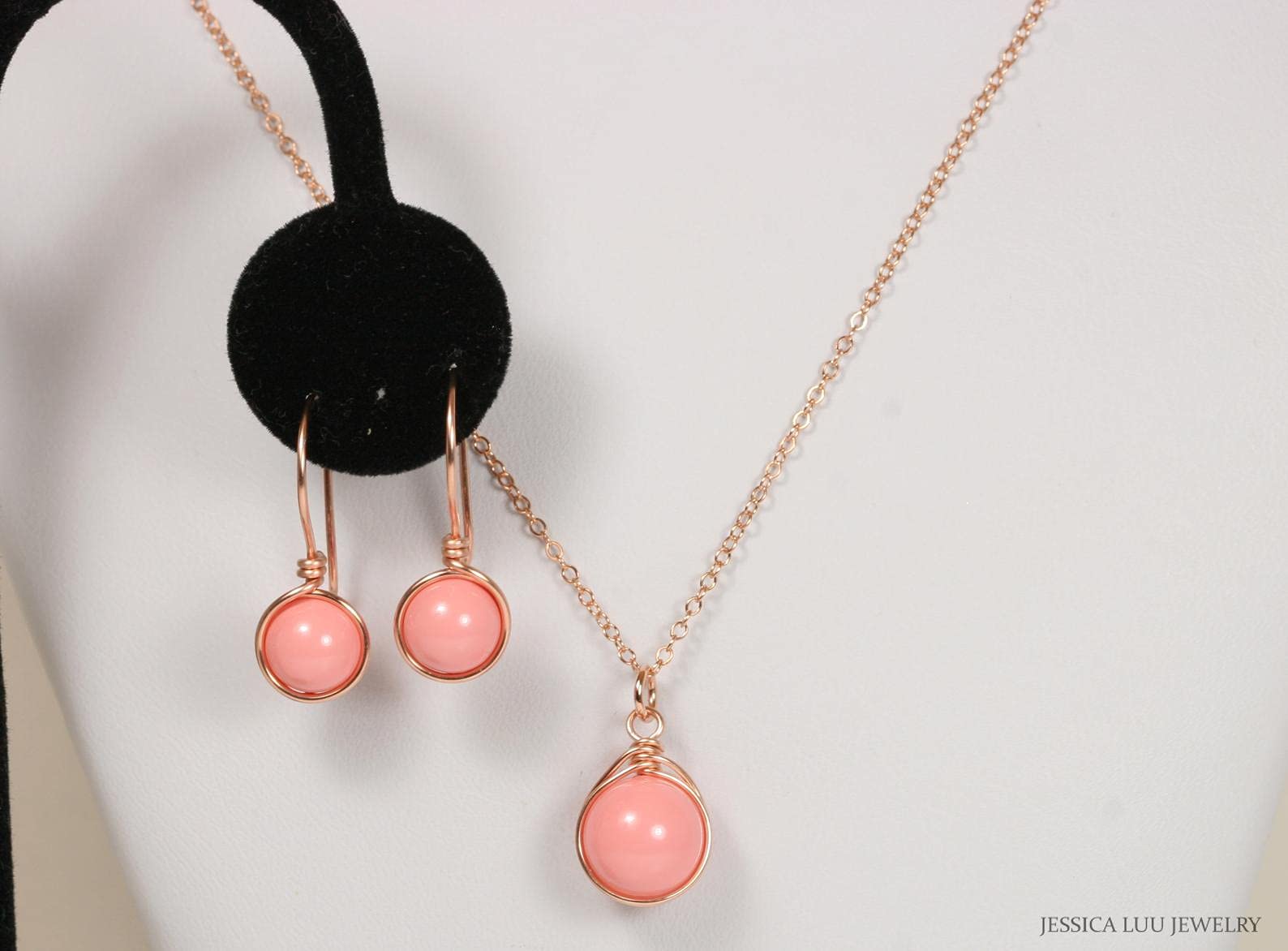 Rose Gold Pink Coral Pearl Necklace - Handmade Wire Wrapped Jewelry for Women, Gift for Her, Birthday, Anniversary, Wedding, Valentine's Day