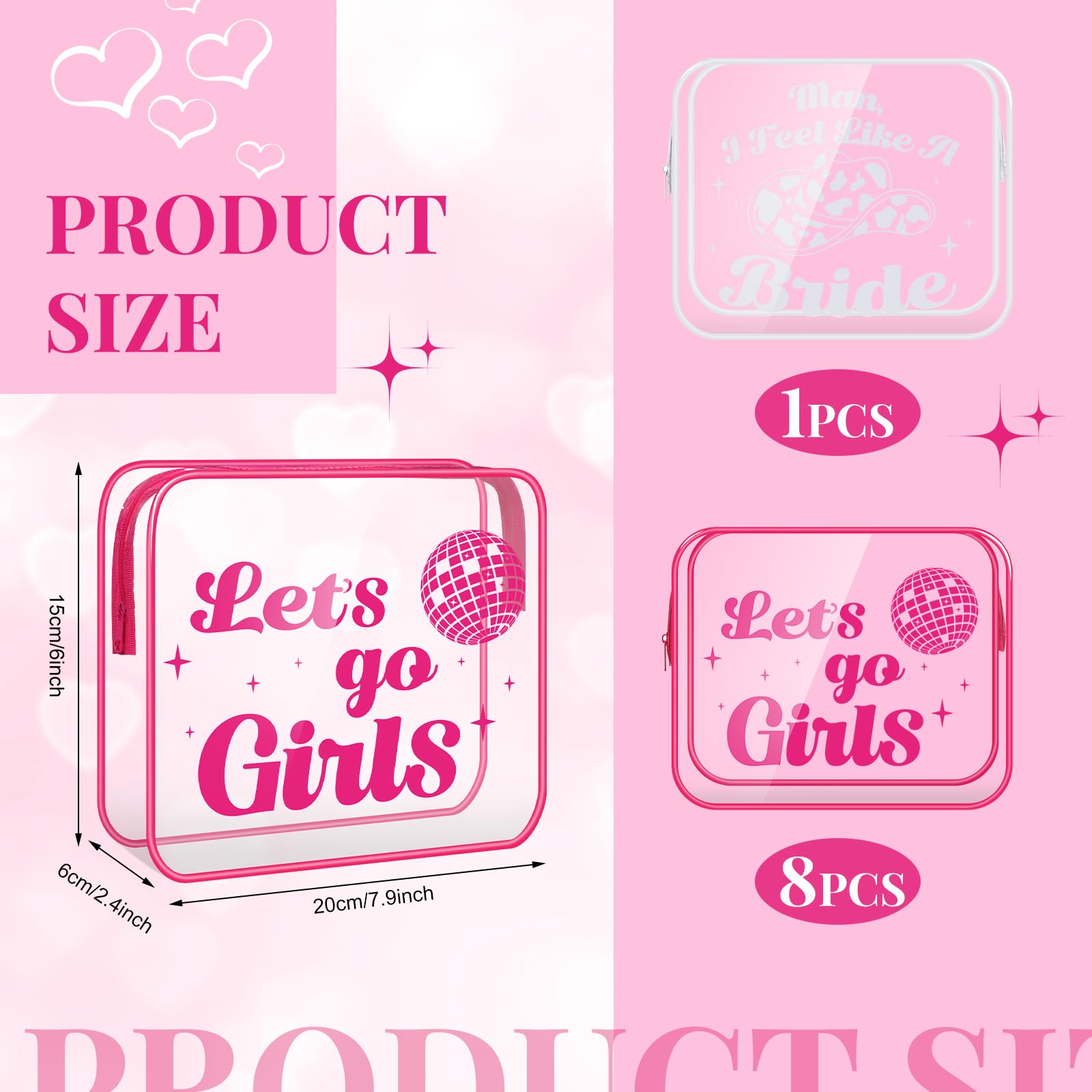 9 Pcs Let's Go Girls Bachelorette Makeup Bags - Clear PVC Cosmetic Pouches with Zipper for Bride & Bridesmaids - Perfect for Wedding, Bridal Shower & Bachelorette Party Gifts - Great for Travel, Gym & Daily Beauty Organizer