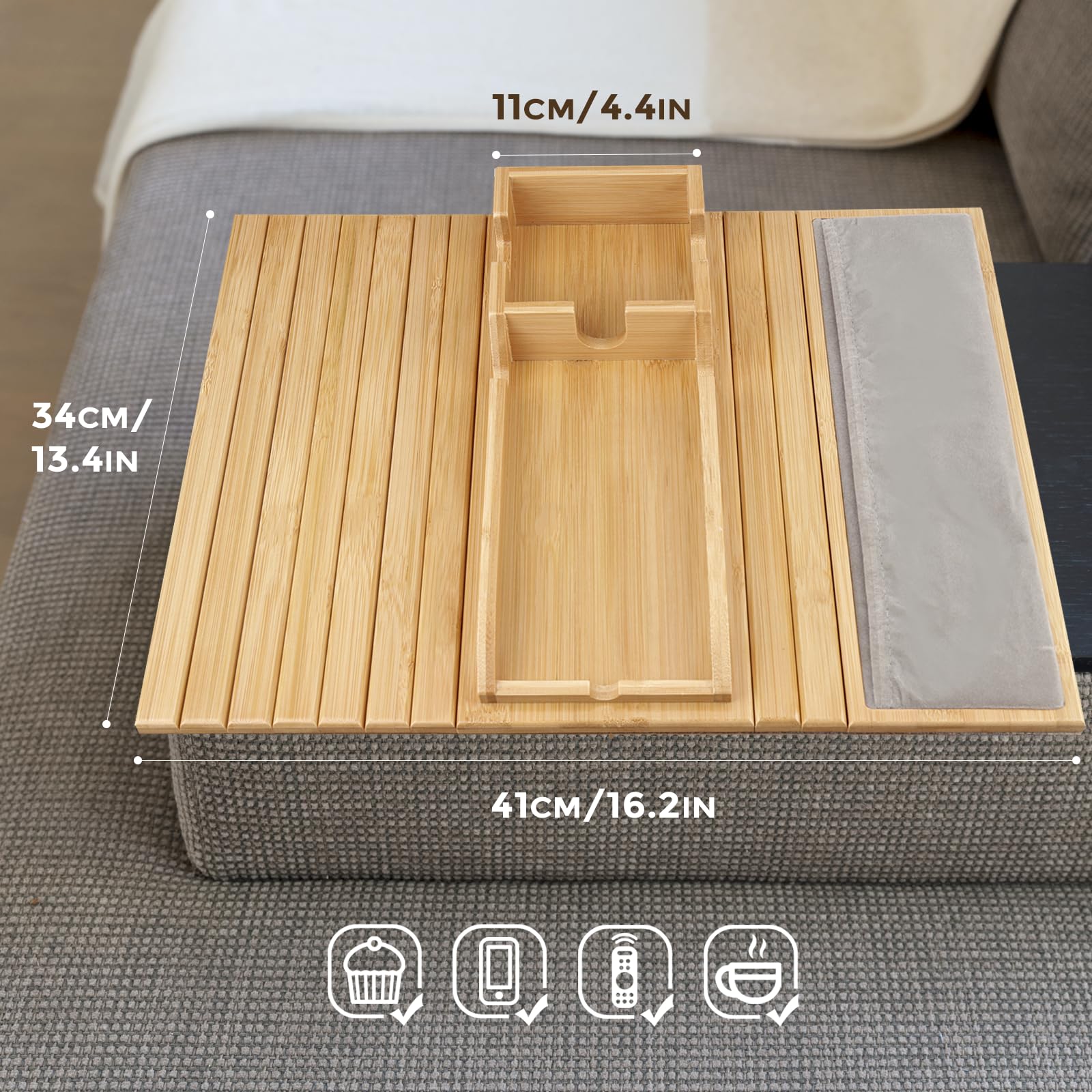 4-in-1 Bamboo Couch Arm Tray with Cup Holder & Storage Pocket - Anti-Slip Sofa Side Table for Drinks, Snacks, Remote & Phone - Perfect for Movie Nights & Relaxing on Your Couch
