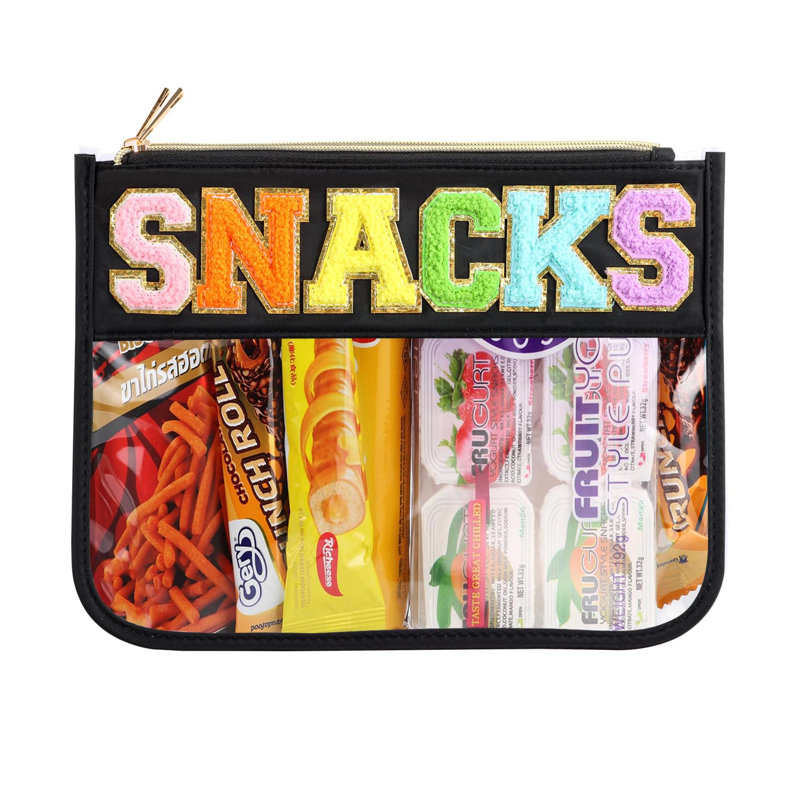 Clear Snack Bag with Chenille Letter & Zipper - Travel-Friendly Nylon Pouch for Snacks, Cosmetics & Toiletries | Perfect for Women's Travel, Gym, School & Daily Organization (Black)