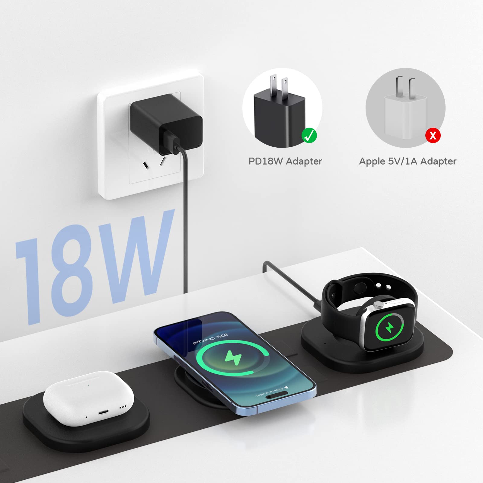 3-in-1 Magnetic Wireless Charging Station for iPhone 14/13/12 Pro Max, Apple Watch, AirPods - Portable Foldable Travel Charger (Black) | Perfect for Home, Office & Car Use