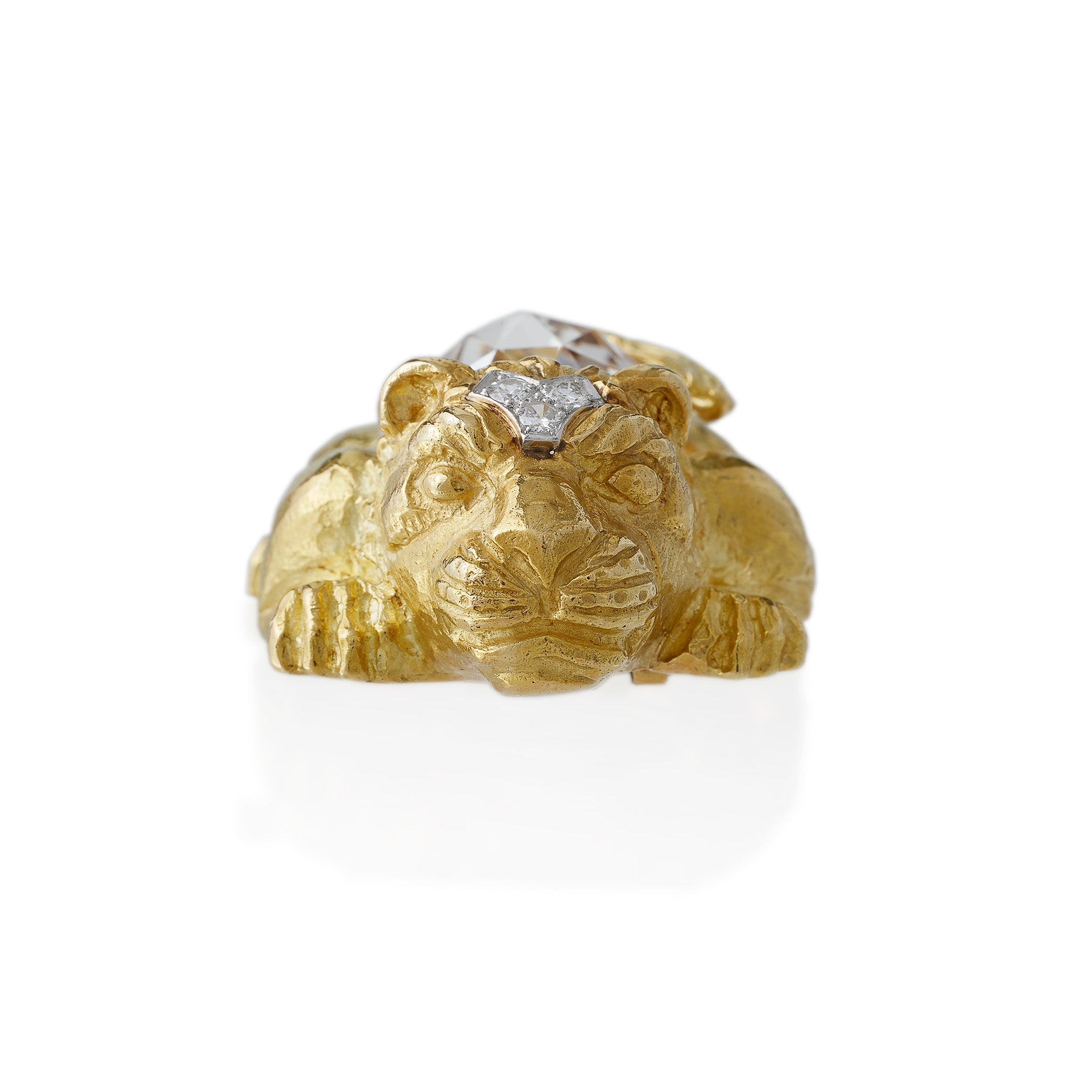 David Webb Rock Crystal Crouching Lion Brooch - Vintage Luxury Animal Jewelry Pin for Women - Perfect for Evening Gala, Wedding, and Special Occasions