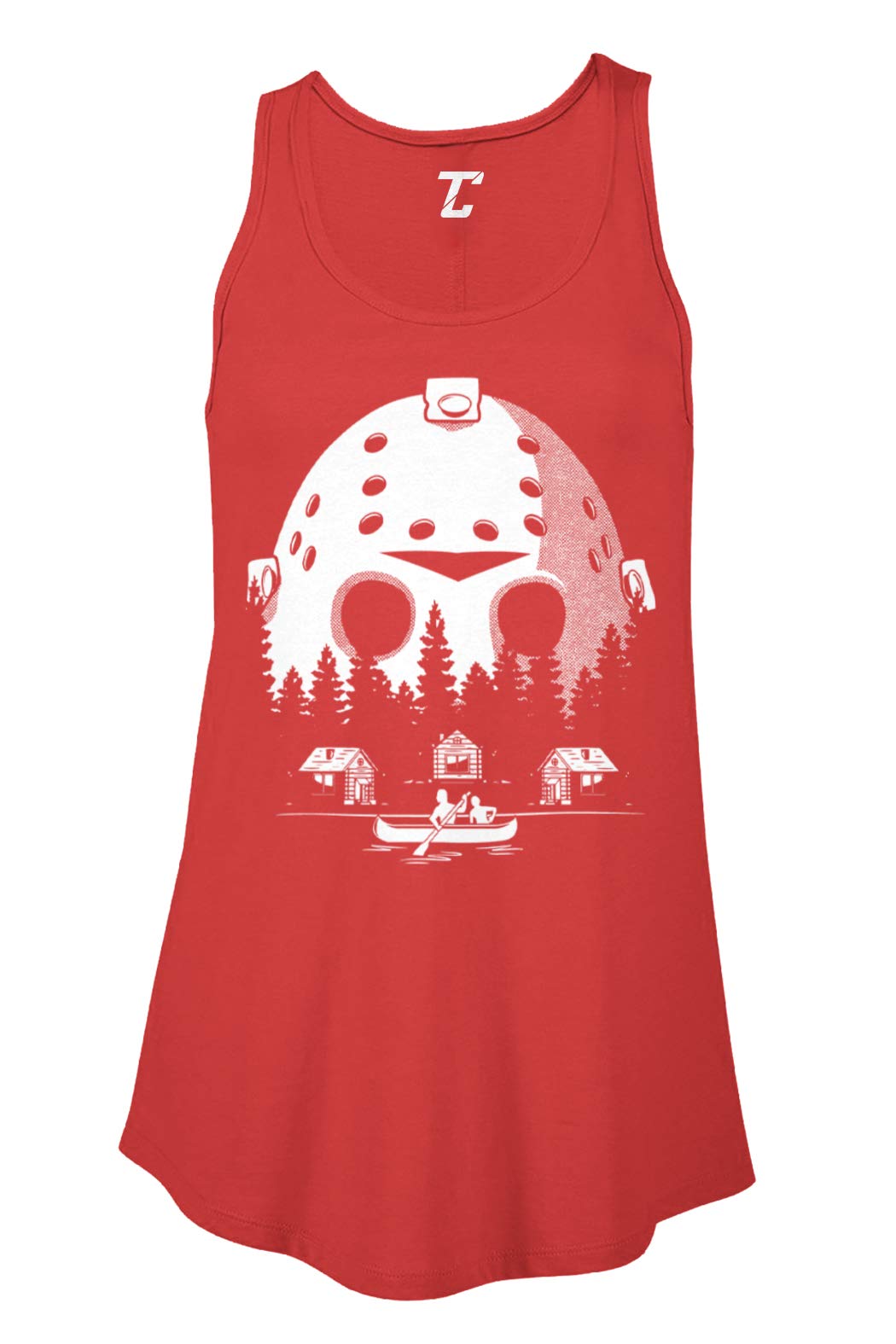 Crystal Lake Scenery Jason Mask Women's Flowy Tank Top - Horror Movie Fan Apparel for Halloween, Cosplay & Comic Con