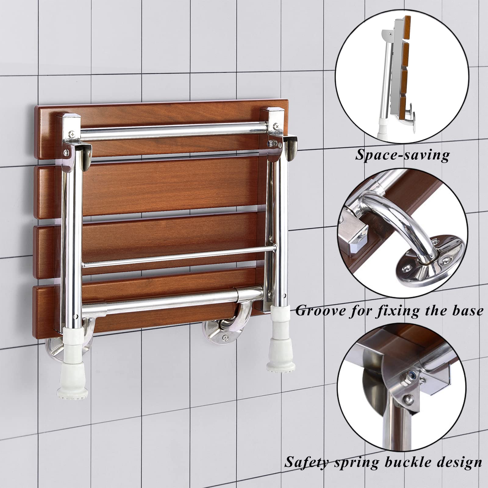 Foldable Wall-Mounted Shower Seat with Adjustable Height - Waterproof Wooden Shower Bench for Seniors & Small Spaces - Ideal for Bathroom Safety, Elderly Care, and Compact Shower Areas