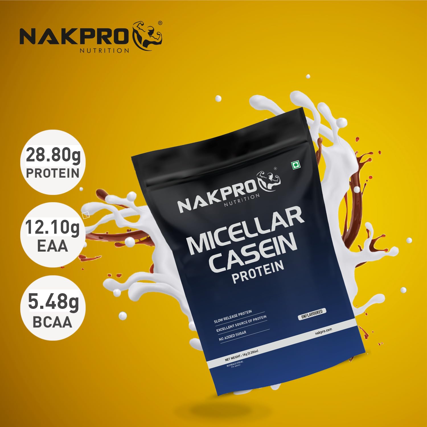 NAKPRO 100% Micellar Casein Protein Powder - Unflavored 1kg | 28.8g Protein, 12.1g EAAs, 5.48g BCAAs | Slow Digesting Protein Supplement for Muscle Recovery & Overnight Nutrition | Ideal for Post-Workout, Bedtime & Weight Management