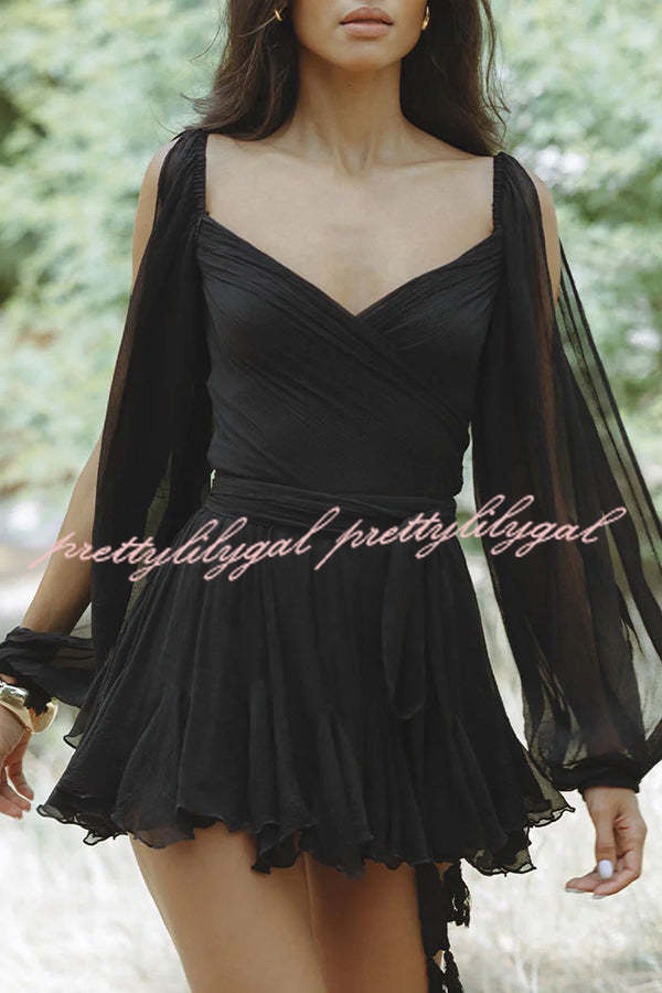 Elegant Chiffon Long Balloon Sleeve Back Lace Up Mini Dress for Women - Perfect for Cocktail Parties, Date Nights & Special Occasions