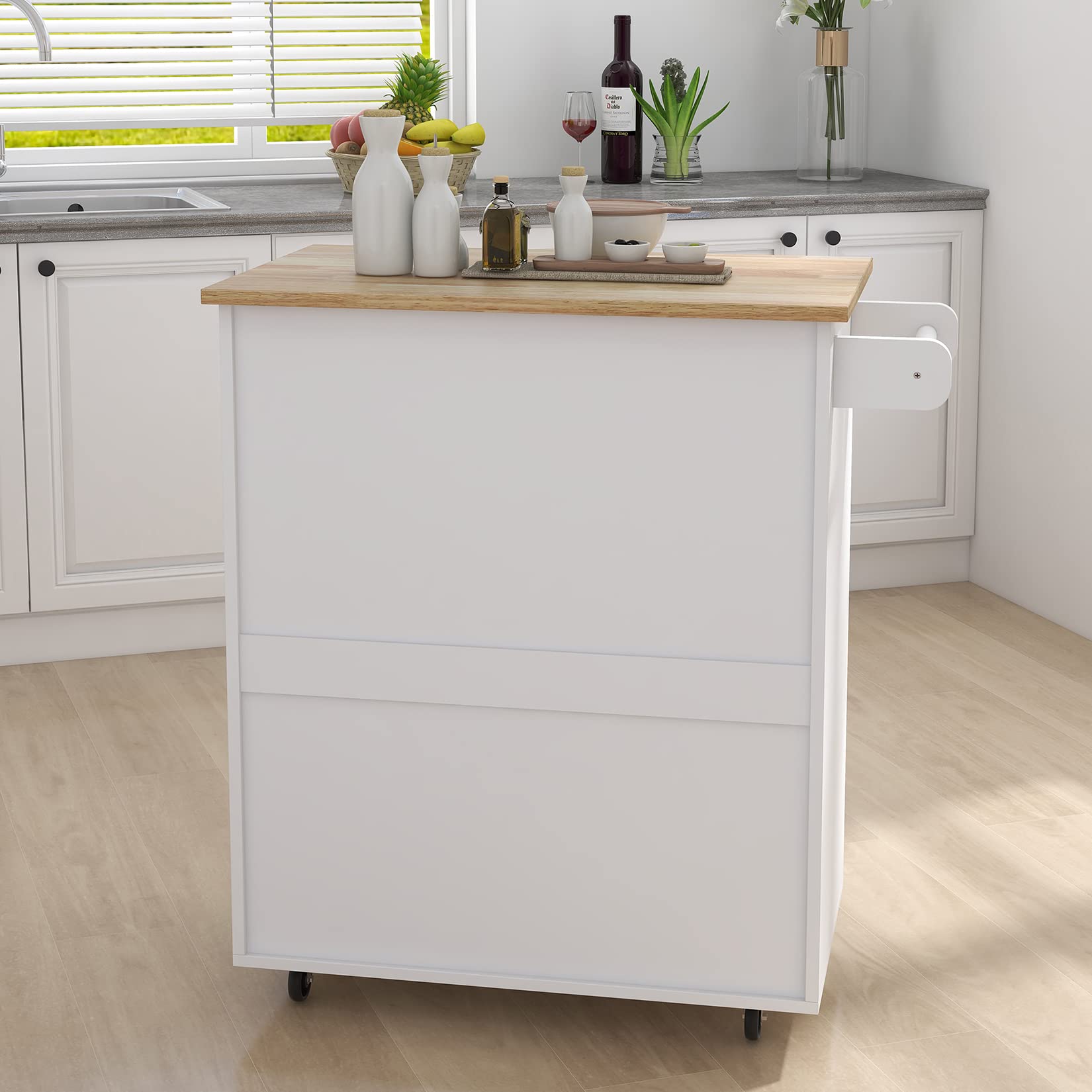 Rolling Kitchen Cart with Towel Rack - Mobile Serving Cart with Rubber Wood Countertop, Storage Cabinet & Adjustable Shelves - Perfect for Dining Room, Small Kitchen & Party Serving