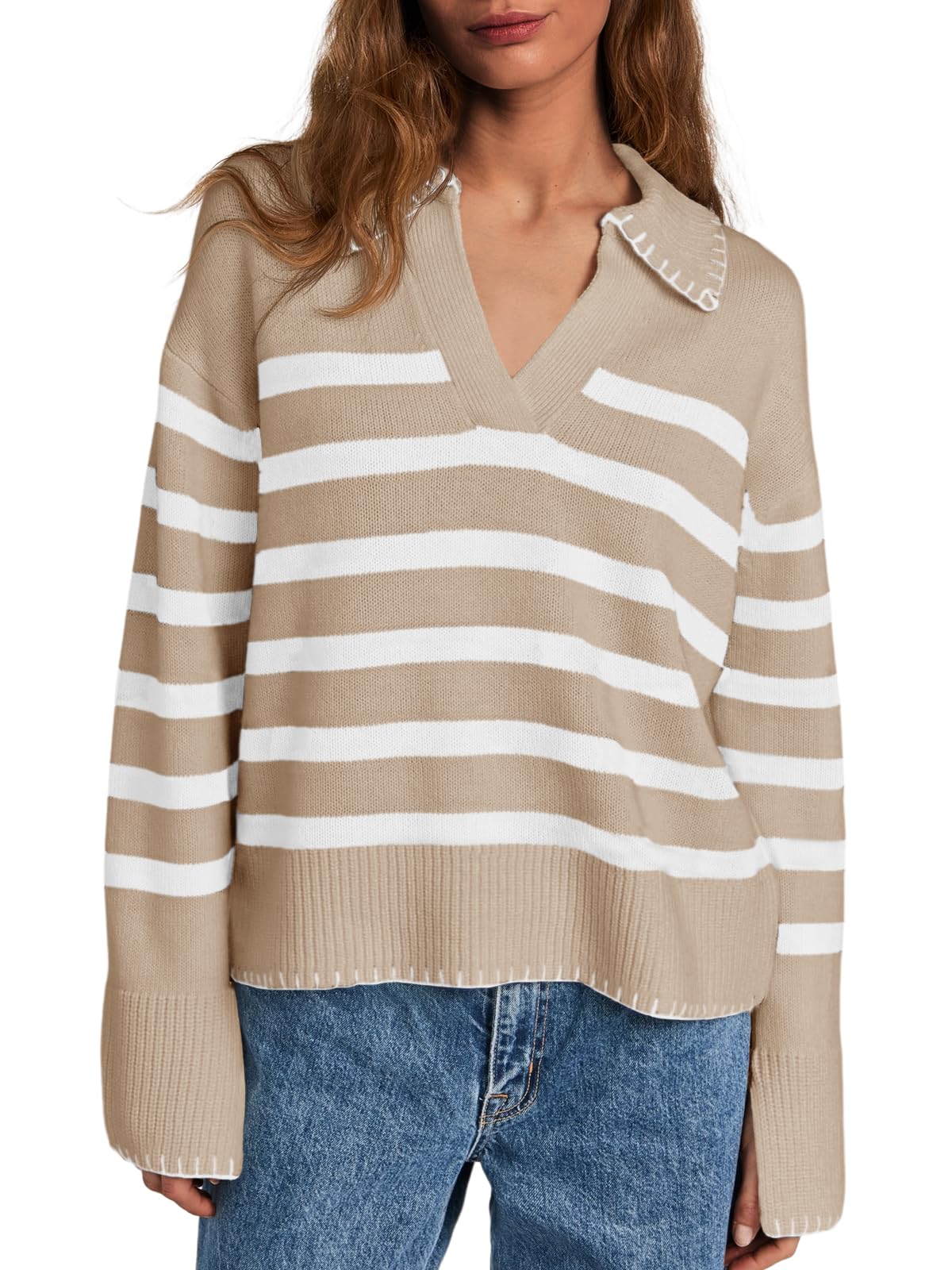 Saodimallsu Women's Striped V-Neck Collared Knit Sweater - 2024 Fall Fashion Trend Long Sleeve Loose Pullover for Work & Casual Outfits