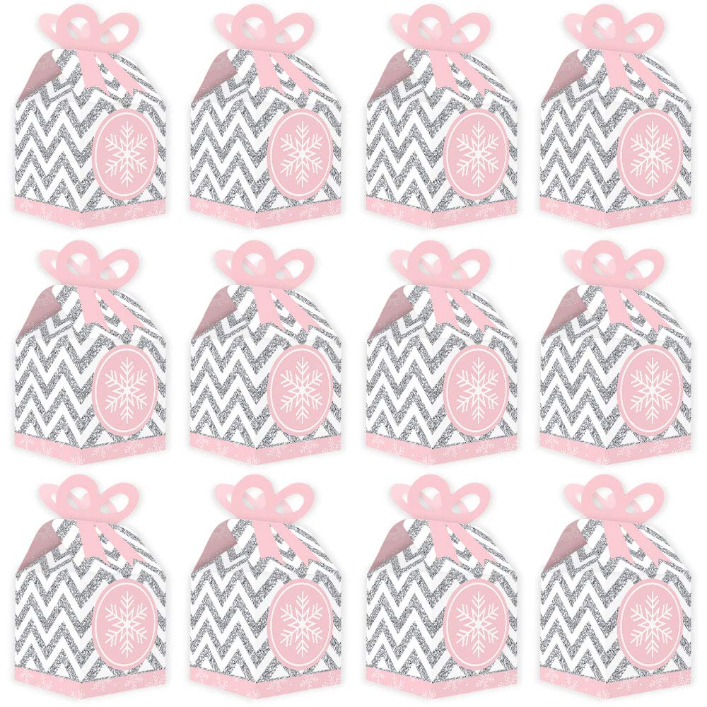 Big Dot of Happiness Pink Winter Wonderland Square Favor Gift Boxes - Set of 12 Snowflake-Themed Party Favors for Holiday, Birthday, Baby Shower & Christmas Celebrations - Perfect for Gift Wrapping, Candy Packaging & Party Decorations