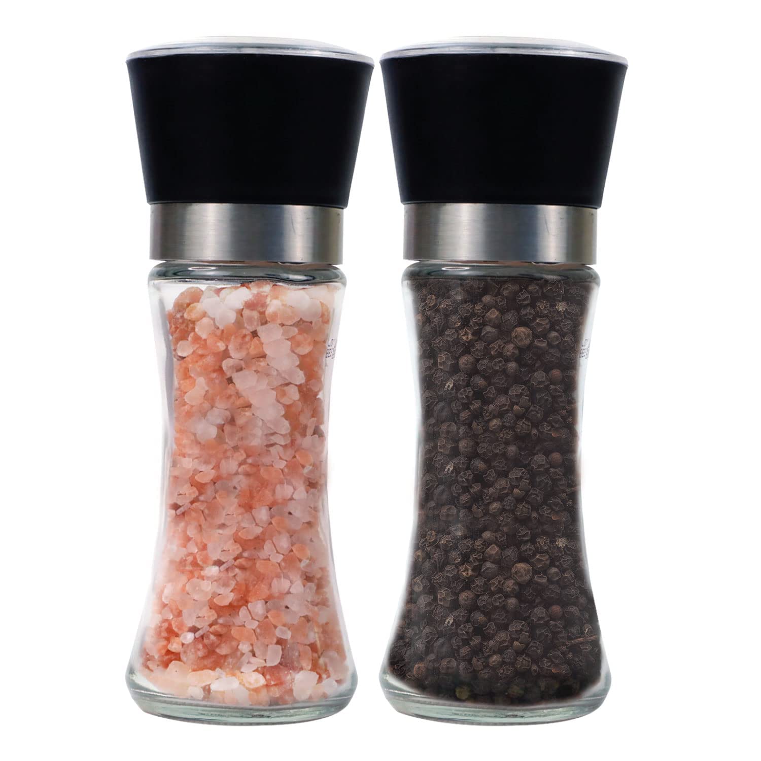 Himalayan Pink Salt and Black Pepper Grinder Set - 2-in-1 Refillable Glass Spice Mill with Adjustable Coarseness - Perfect for Kitchen, Dining Table & BBQ Seasoning