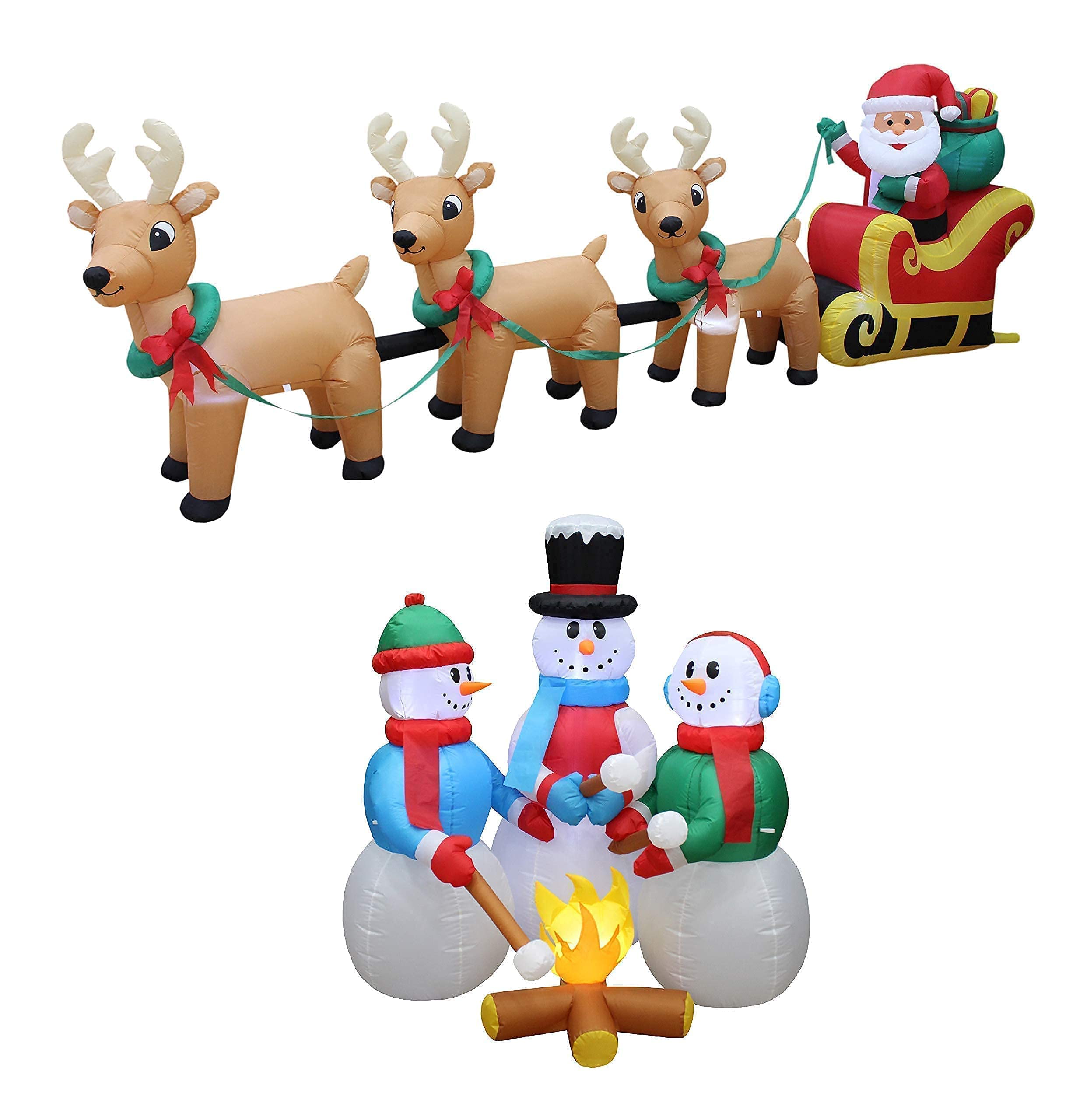 12ft Inflatable Santa Claus on Sleigh with 3 Reindeer & 5ft LED Snowman Campfire Marshmallows - Christmas Party Decorations Bundle for Outdoor Yard, Lawn, and Holiday Festive Decor