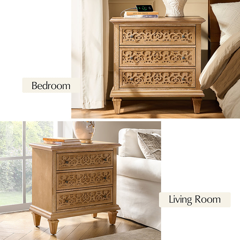 3-Drawer Nightstand with Built-In USB Outlets & Power Strip - Modern Bedside Table for Charging Devices - Perfect for Bedrooms, Guest Rooms & Small Spaces