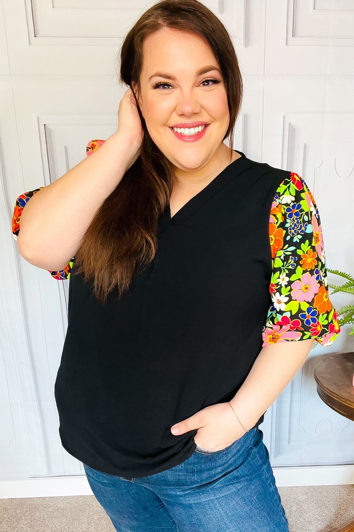 Eyes On You Black Floral Puff Sleeve V Neck Top - Women's Fashion Blouse for Date Night & Special Occasions