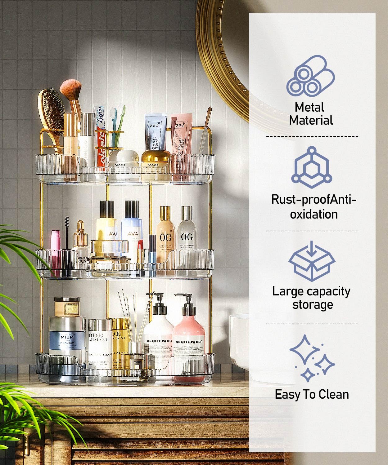 3-Tier Corner Bathroom Organizer - Acrylic Makeup Storage Shelf with Perfume Tray, No-Tools Installation for Vanity, Dresser & Kitchen Countertop (Clear) - Perfect for Small Space Organization & Cosmetic Display
