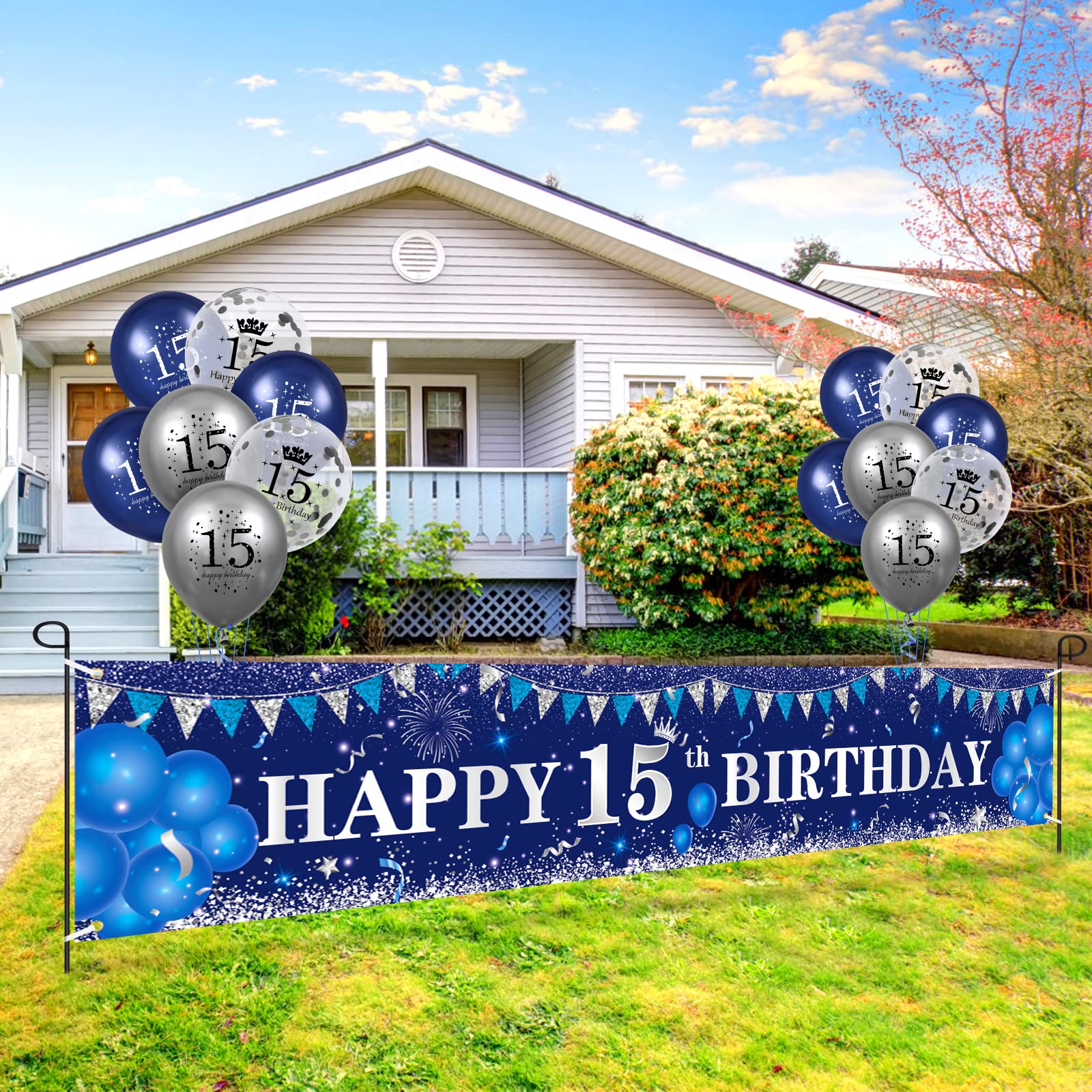 Navy Blue & Silver Happy 15th Birthday Decorations Set - Yard Banner, Balloons for Boys & Girls 15th Birthday Party Supplies | Perfect for Anniversary Celebrations, Backyard Parties & Milestone Decor