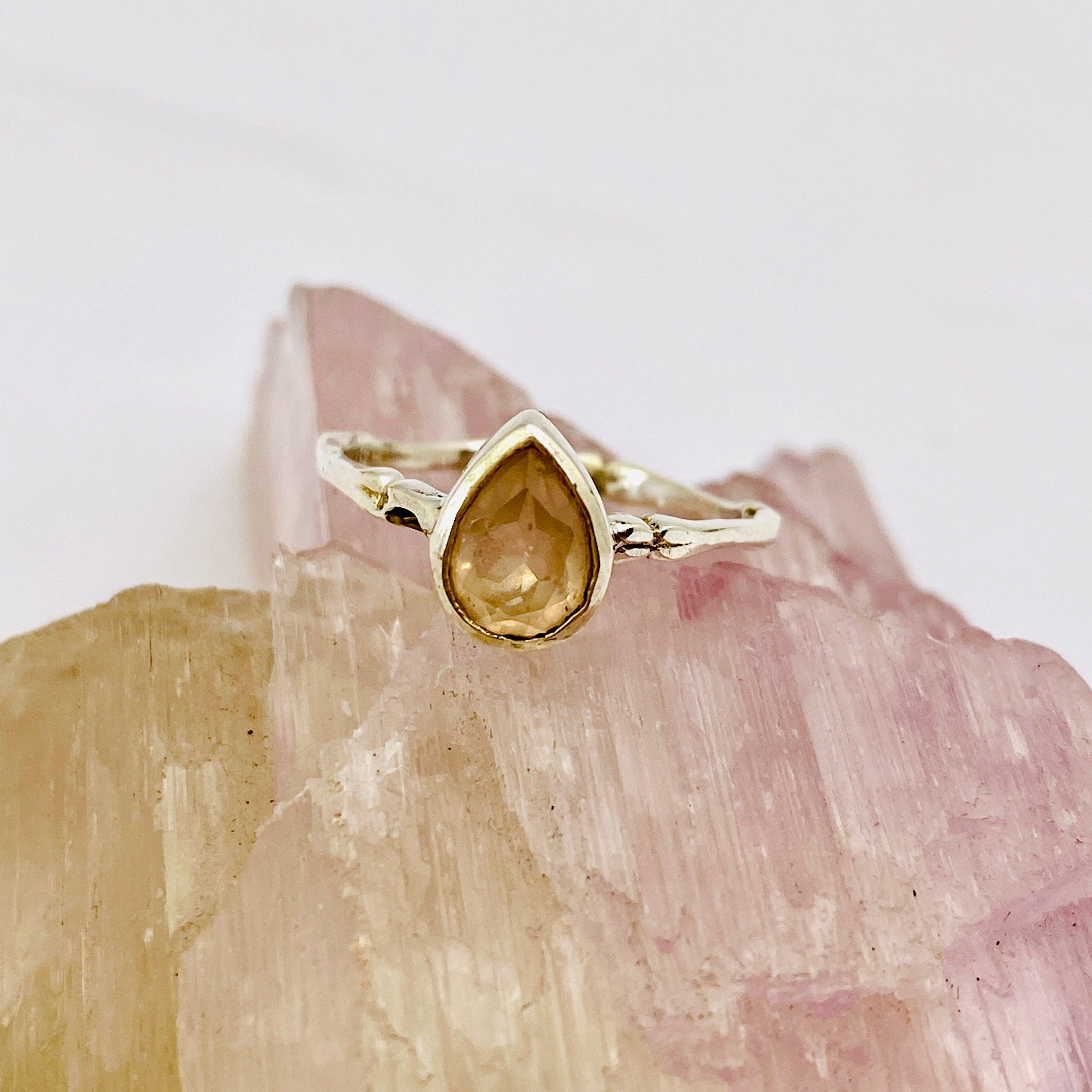 Rose Quartz Faceted Teardrop Fine Band Ring - Dainty Crystal Jewelry for Women - Perfect for Everyday Wear, Gifts & Spiritual Healing
