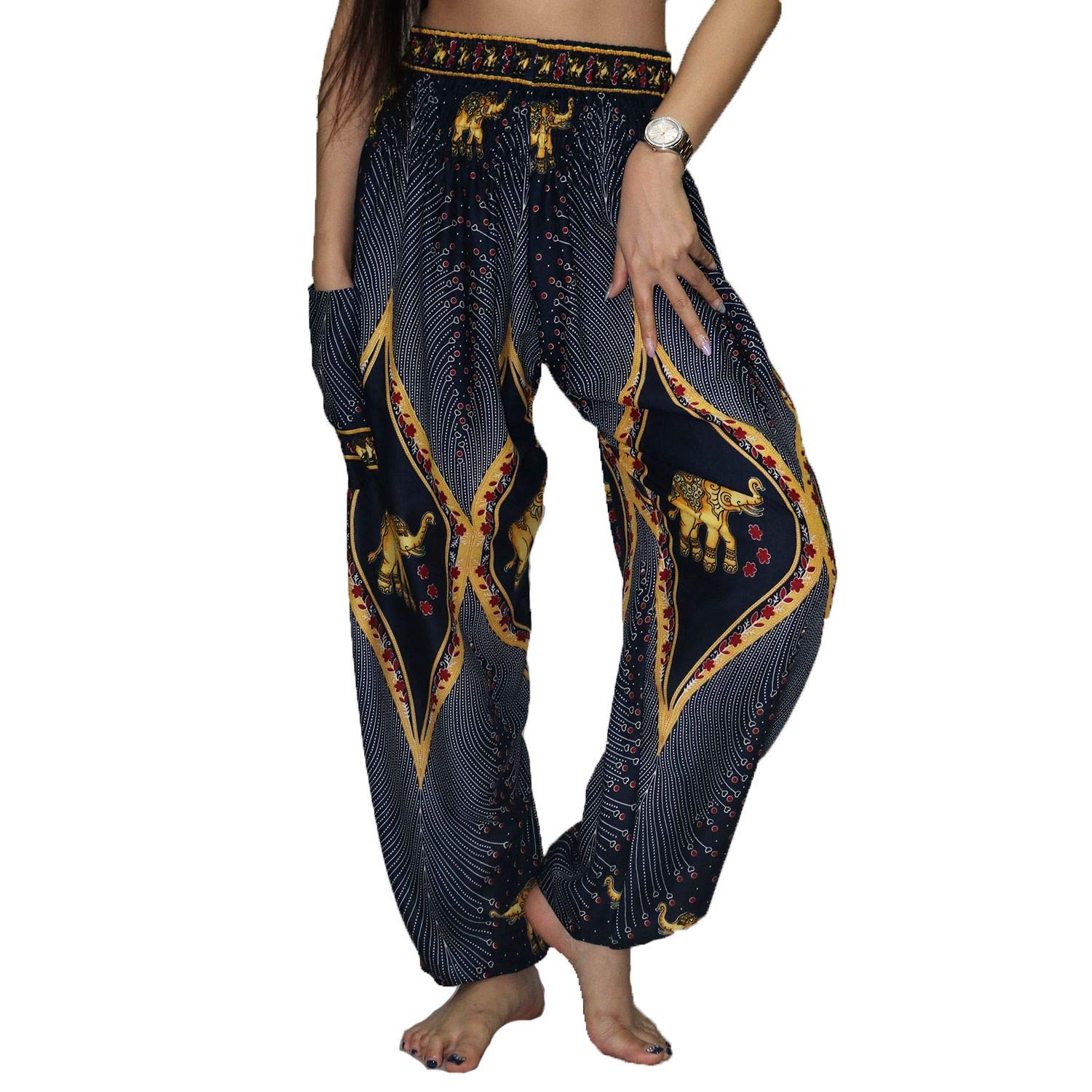 LOFBAZ Women's Harem Pants - Elephant Print Yoga Pants, Boho Hippie Maternity Pajama Pants for Lounge, Meditation & Pregnancy Comfort