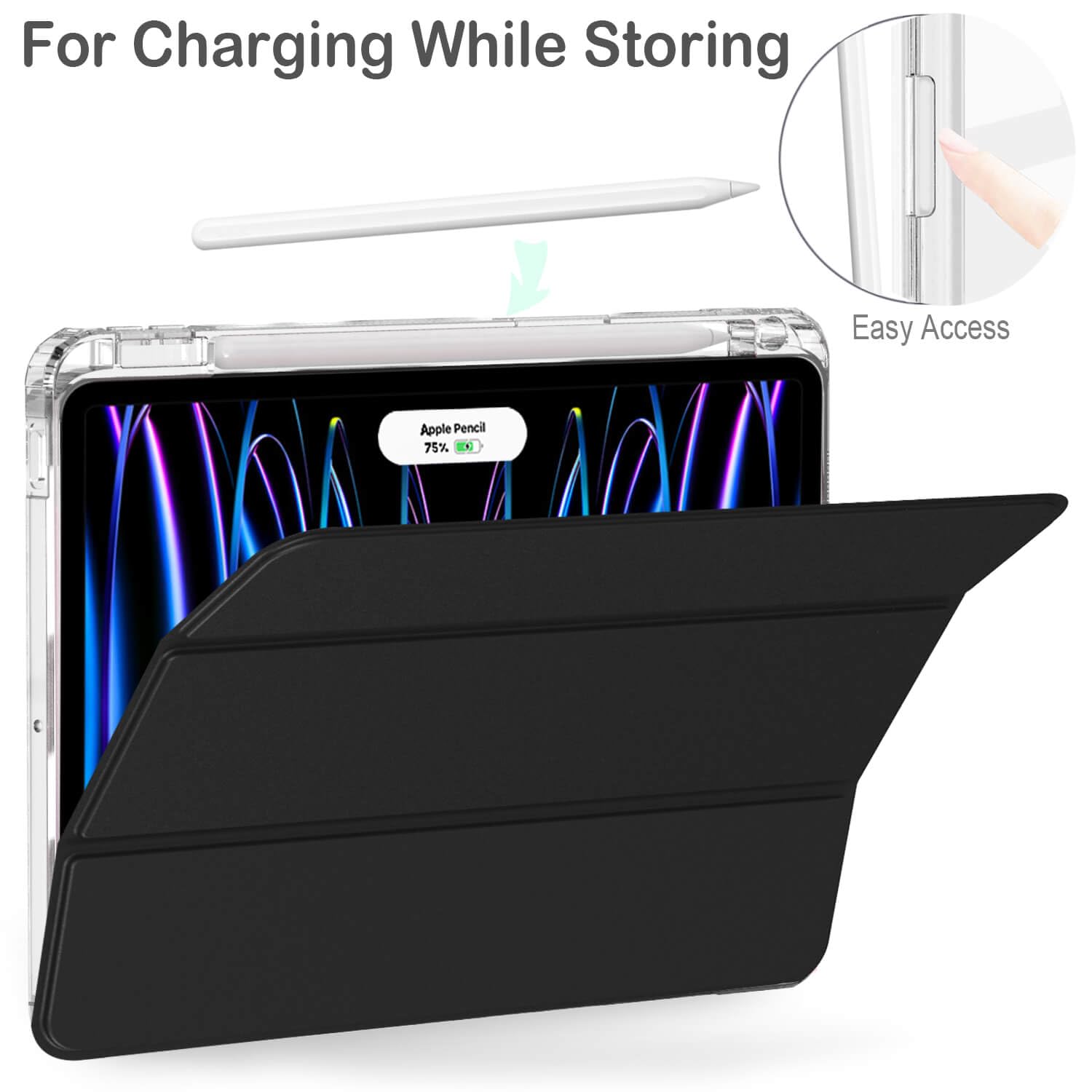 Feams Slim Tri-Fold iPad Pro 11 Inch Case (2024 M4 5th Generation) - Clear Back Protective Cover with Auto Sleep/Wake & Apple Pencil Holder - Perfect for Work, Travel & Home Use - Black
