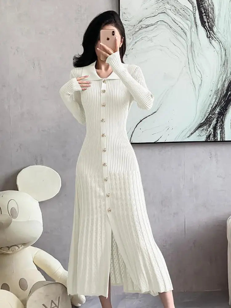 Autumn 2024 Women's Elegant Black & Beige Knit Long Dress - Single Breasted Office Wear with Long Sleeves & Pleated Design | Perfect for Business Meetings, Work Attire & Formal Occasions