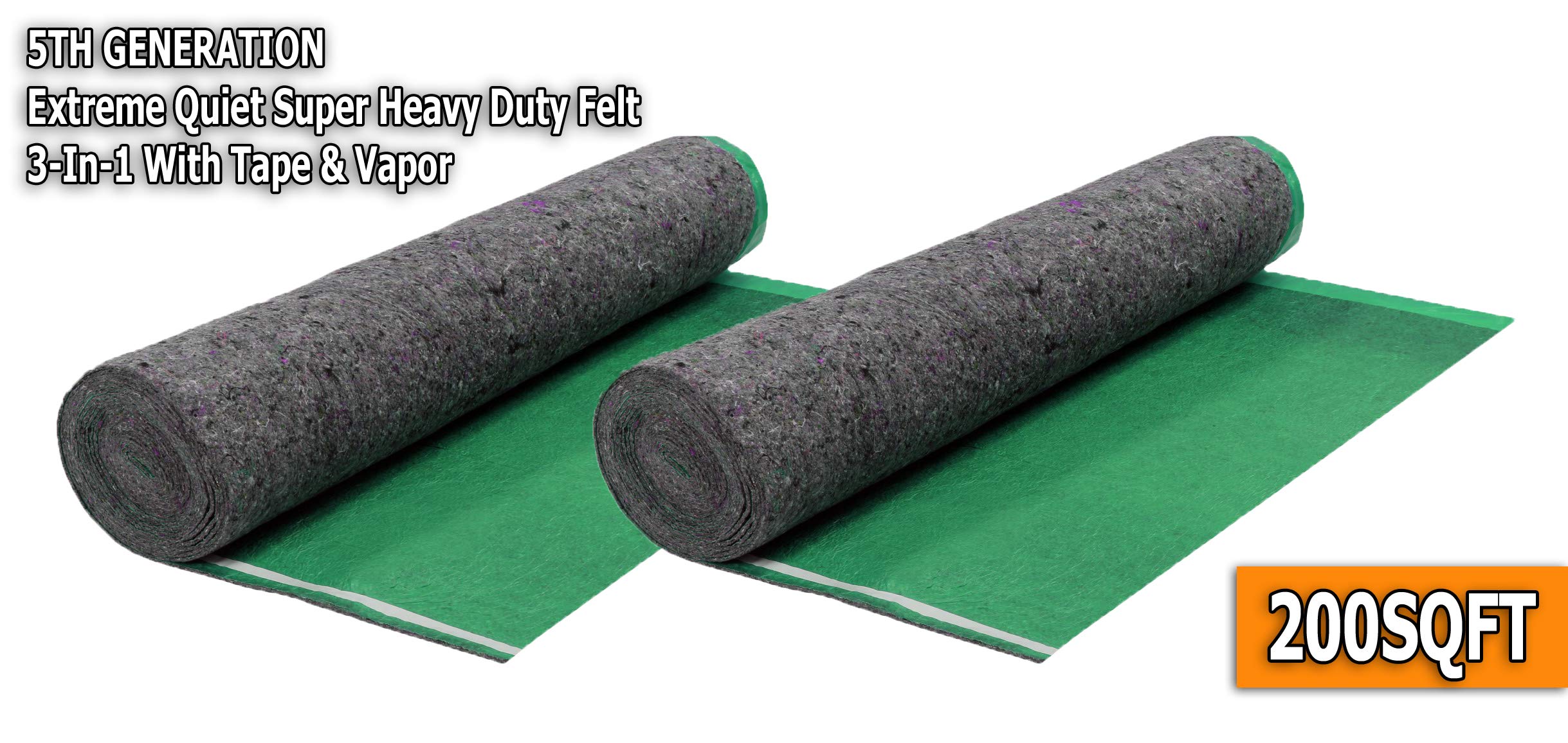 AMERIQUE 691322319491 Emerald Green 200SQFT Premium 5th Gen Ultra-Quiet Heavy Duty 3-in-1 Felt Underlayment with Vapor Barrier & Tape - 3.2MM Thick (200 Sq Ft) for Hardwood, Laminate & Engineered Flooring Noise Reduction