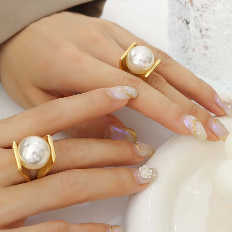 18K Gold Y-Shaped Pearl Cocktail Ring - Elegant Statement Jewelry for Women | Perfect for Parties, Weddings & Special Occasions