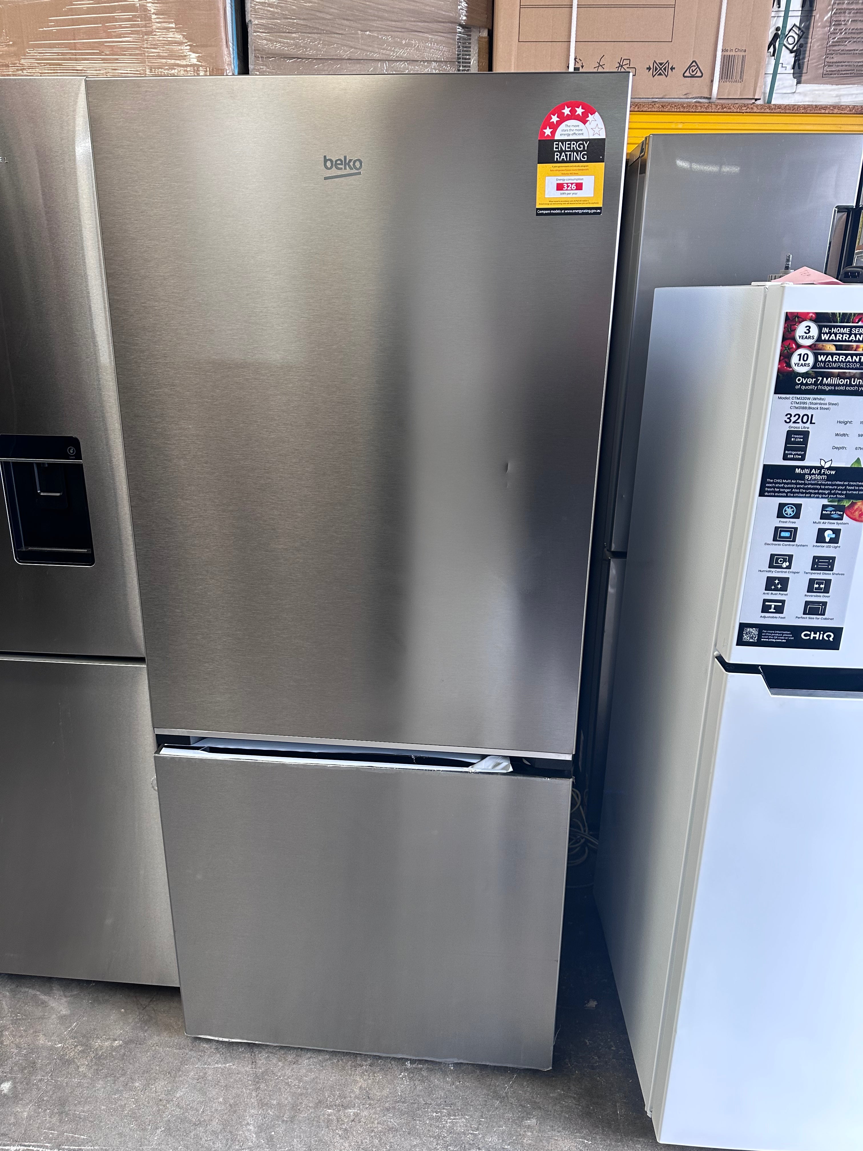 Beko BBMB445PX 445L Bottom Mount Refrigerator in Pearl Steel - Factory Second | Energy Efficient Kitchen Appliance for Modern Homes