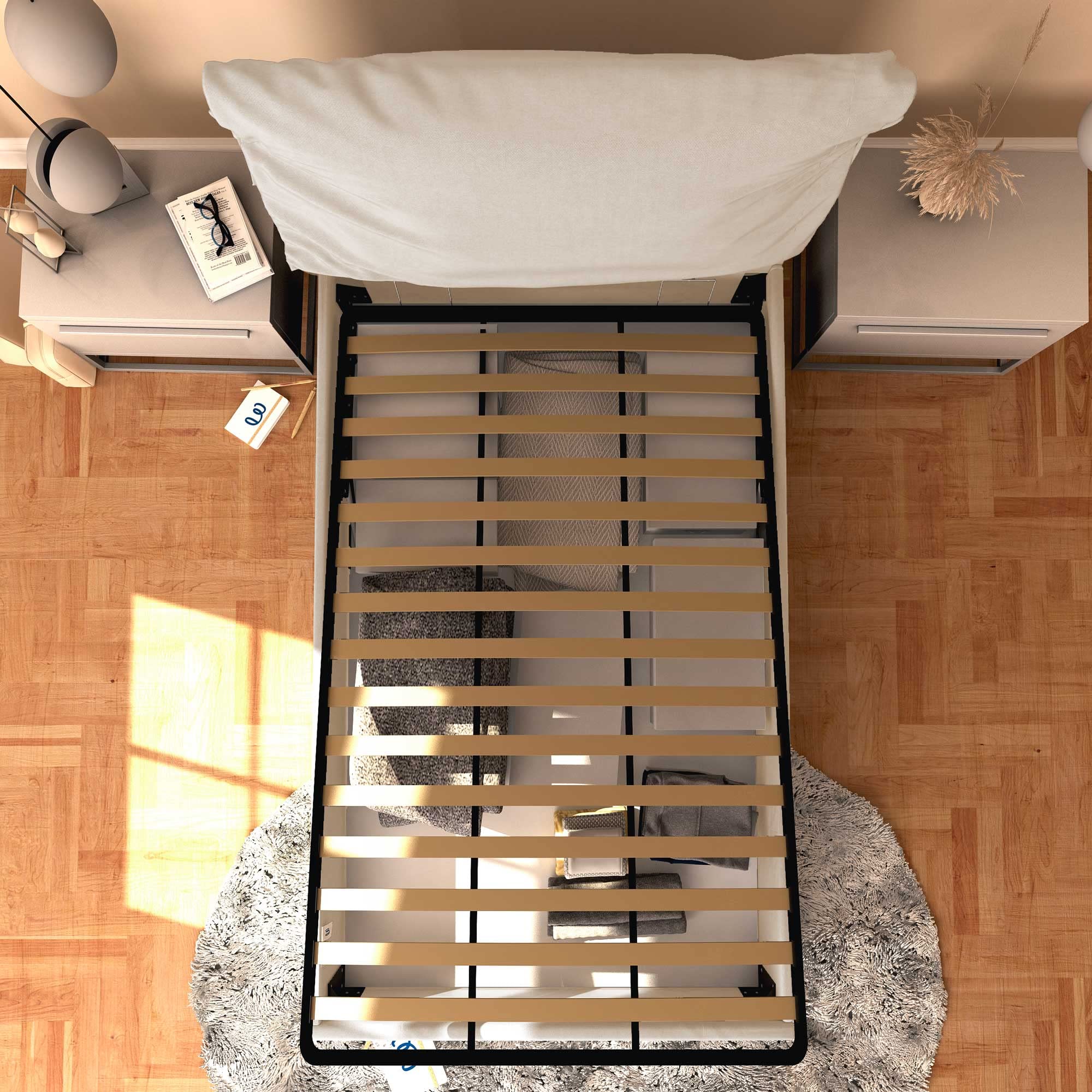 Baldiflex Licia Soft Single Bed Frame with Storage, Synthetic Leather Upholstery, Slatted Base for Single Mattress, 120 x 200 cm, Padded Thin Headboard, White - Perfect for Small Bedrooms, Guest Rooms & Studio Apartments