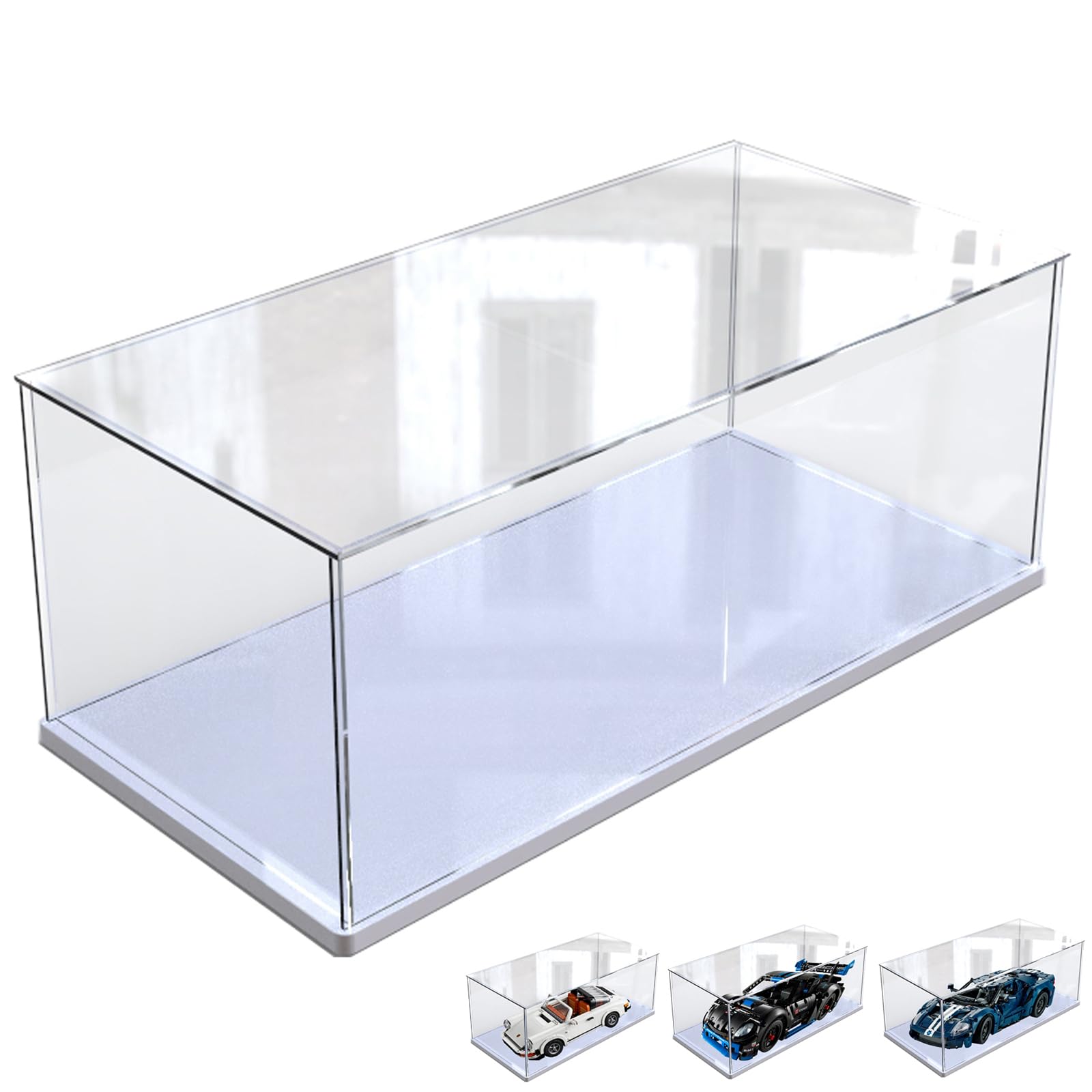 Premium Clear Acrylic Display Case for Lego Sets 42154, 10295, 42176, 42170, 75376, 10317 - Thickened Dustproof Protection Box with Wood-Plastic Base & LED String Lights (White Interior, 15.7x7.9x7.9 Inches) - Perfect for Showcasing Collectibles in Home, Office or Retail Displays