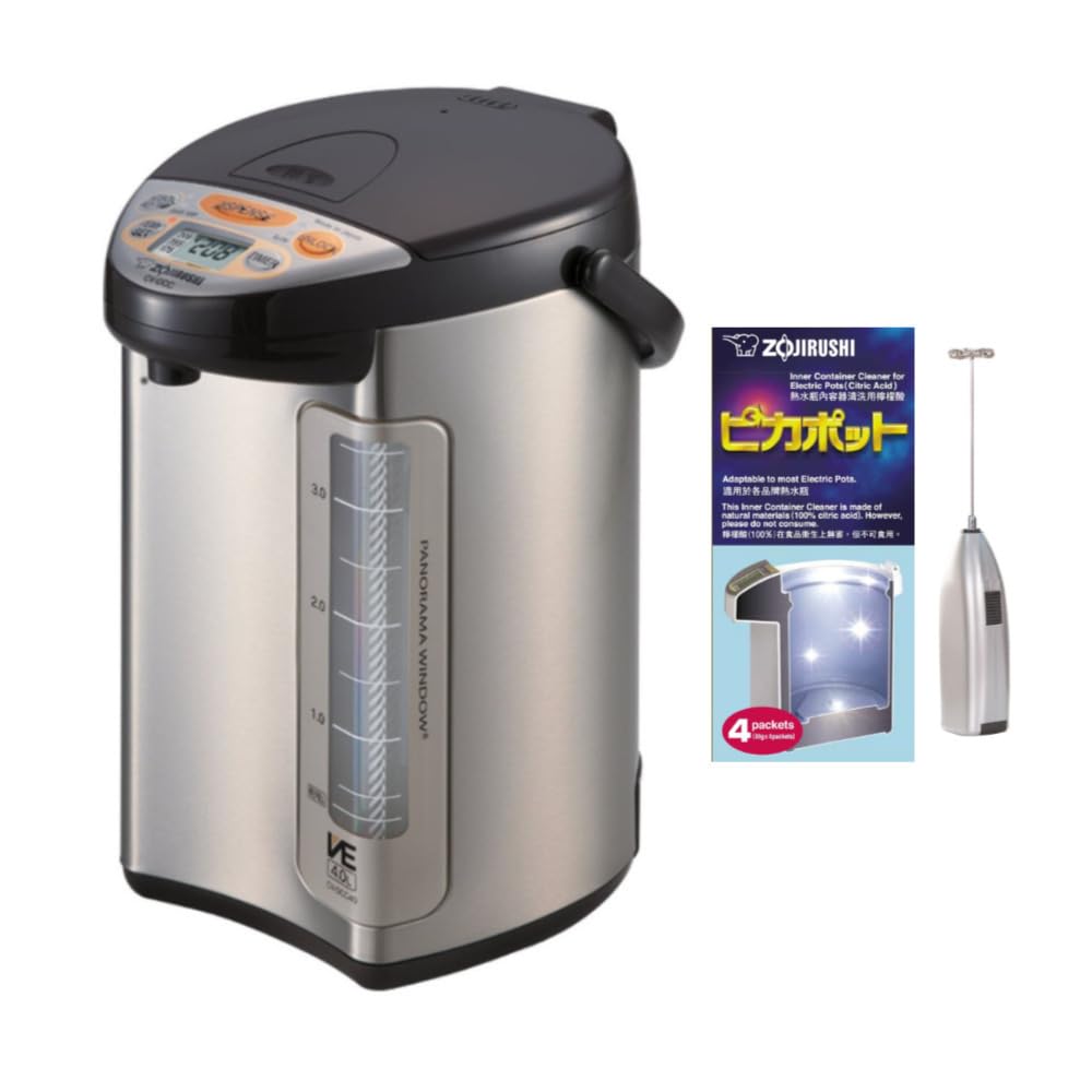 Zojirushi CD-CC40 VE Hybrid Water Boiler & Warmer with 4 Descaling Packs & Milk Frother - 3-Piece Set for Tea, Coffee & Hot Beverages at Home or Office