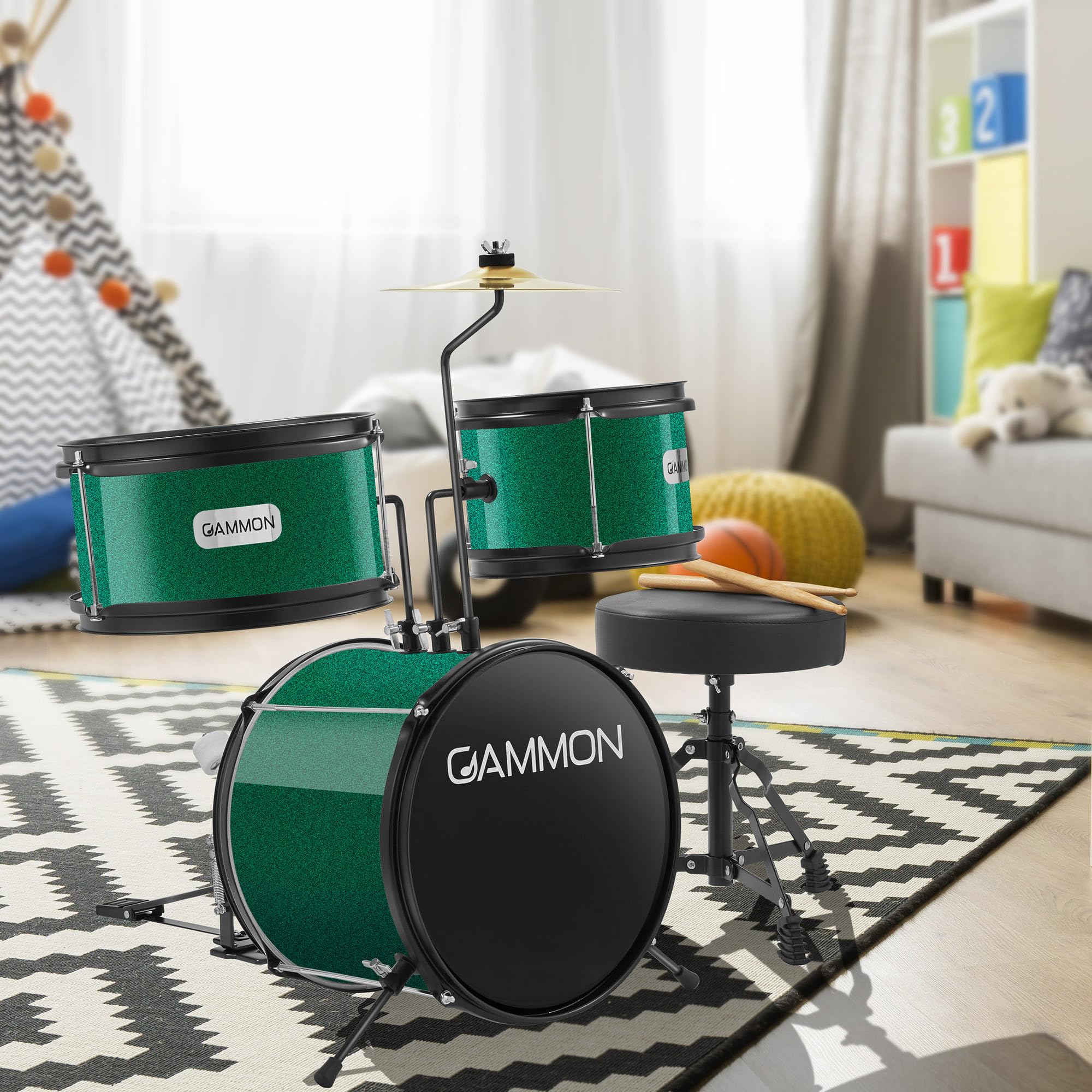 Gammon 3-Piece Junior Drum Set with Throne - Green | Complete Beginner Drum Kit with Bass Drum, Toms, Cymbal, Pedal & Drumsticks | Perfect for Kids Learning Music, Home Practice & Birthday Gifts