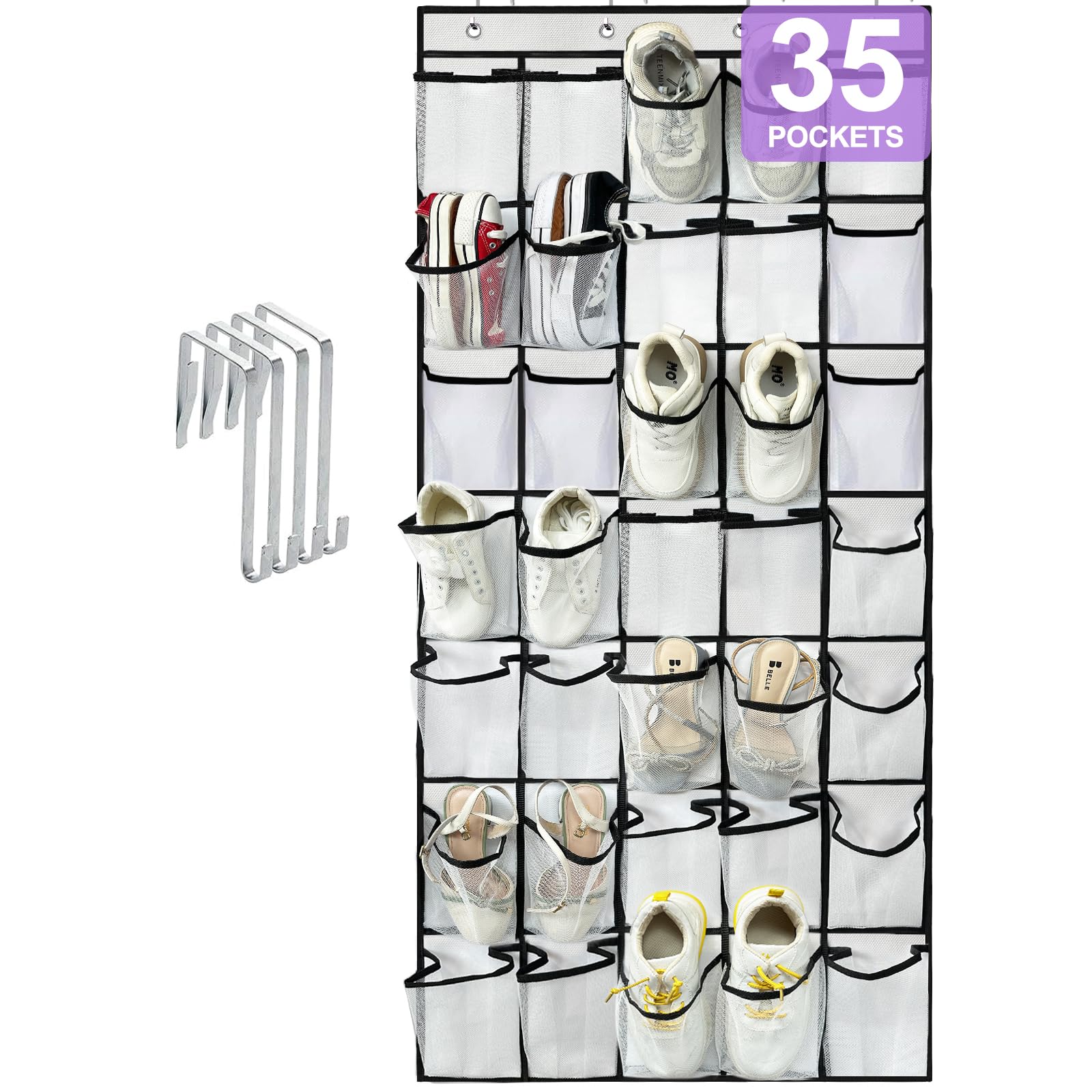 35-Pocket Over The Door Shoe Organizer - Heavy Duty Oxford Fabric Hanging Shoe Rack for Closet & Wall Storage - Mesh Shoe Holder for Men & Women (White) - Perfect for Small Spaces, Dorm Rooms & Apartment Organization