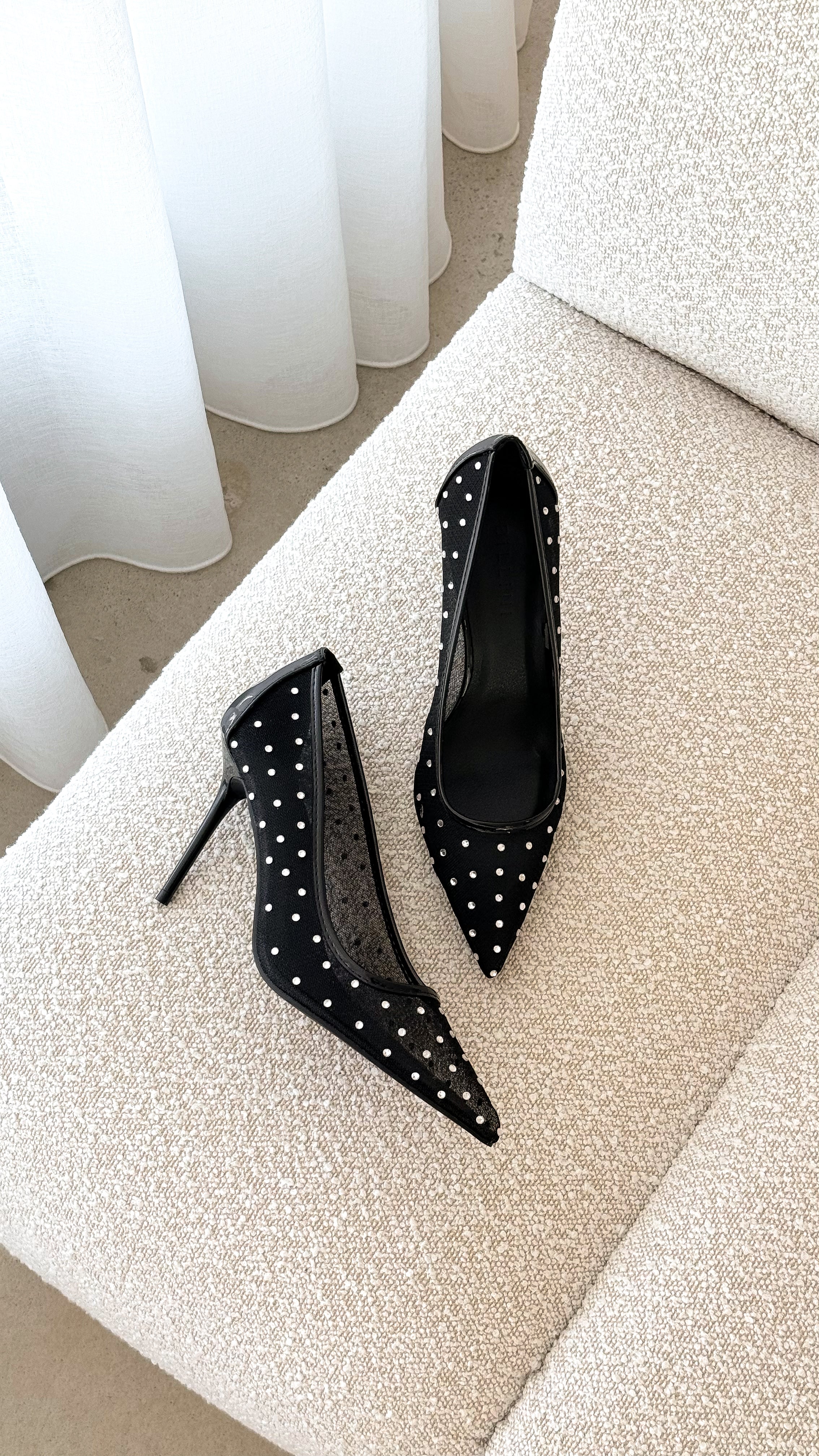 Lee Women's Black Mesh Diamante Heels - Elegant High Heel Shoes for Party, Wedding & Evening Events