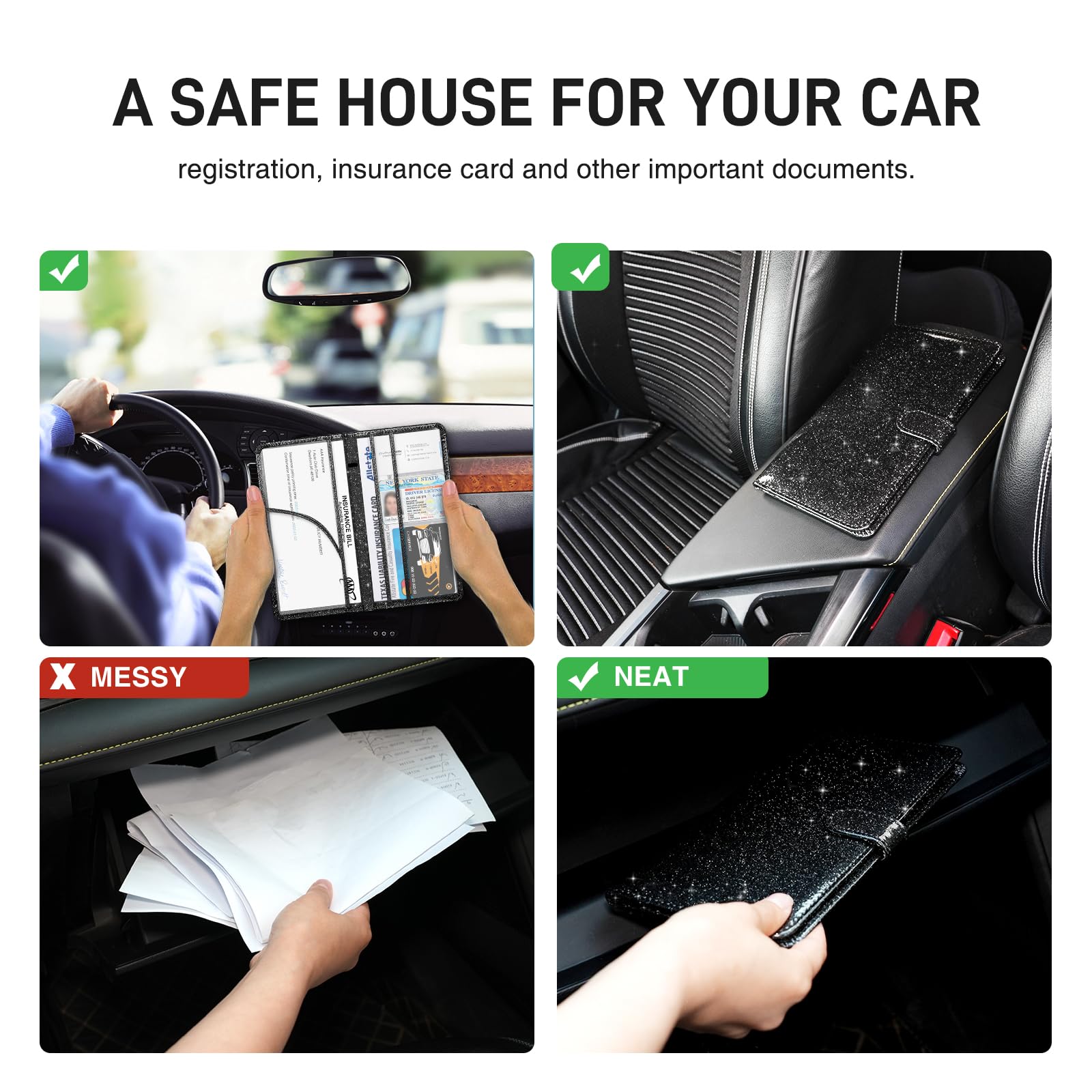 Car Registration and Insurance Card Holder - Vehicle Document Organizer for License, Insurance Cards & Paperwork - Perfect for Glove Box, Dashboard or Center Console Storage - Car Accessories Must-Have