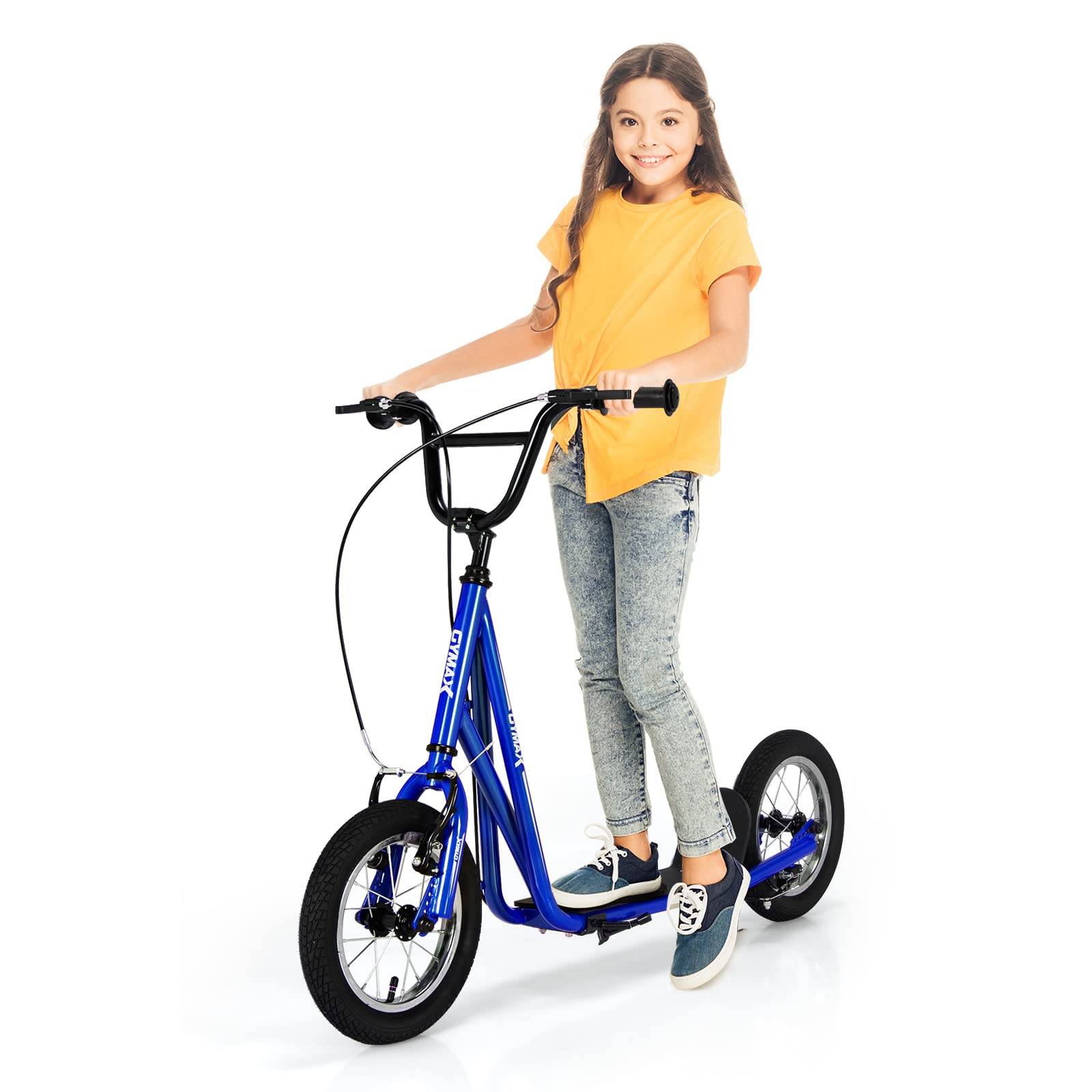 GYMAX Height Adjustable Kick Scooter for Teens & Adults - 12-Inch Inflatable Wheels, Front/Rear Caliper Brakes, Rear Axle Pegs & Stable Kickstand - Perfect for Commuting, Urban Travel & Outdoor Fun (Ages 8+)