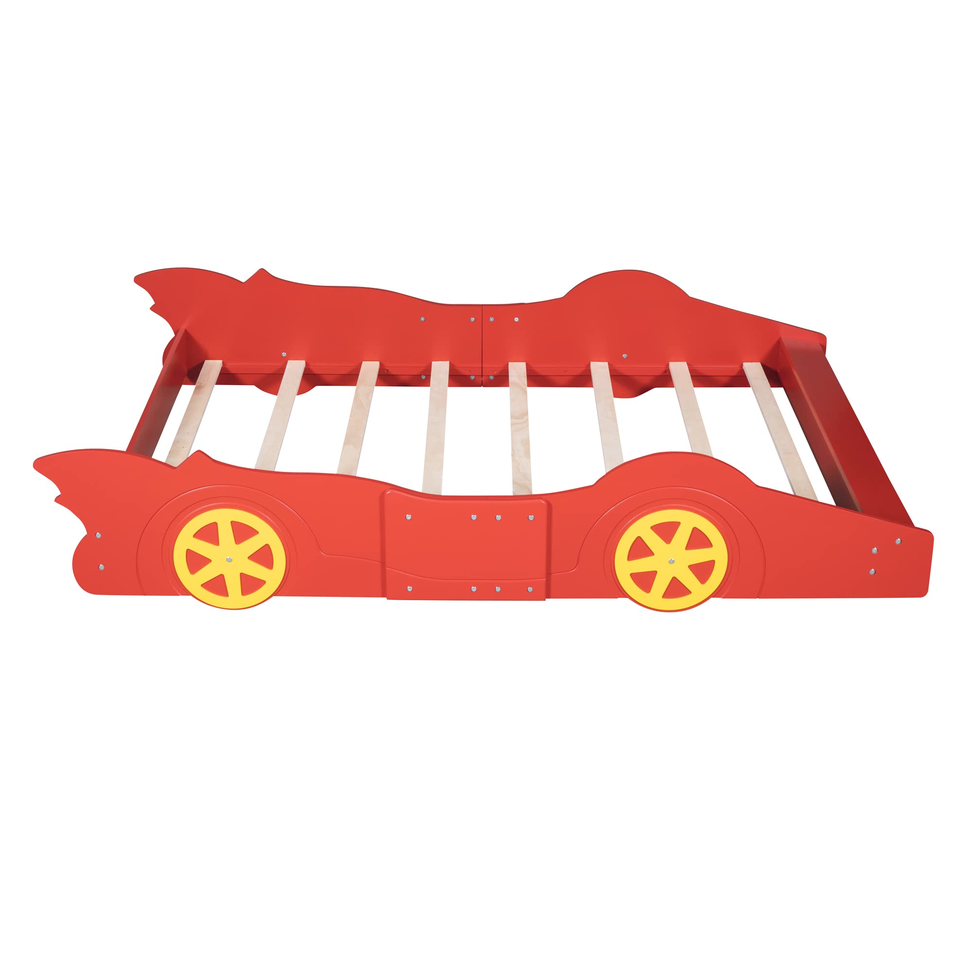 Race Car-Shaped Full Size Wooden Bed Frame for Boys - Red Full Car Bed with Wheels & Slat Support - Fun Kids Bedroom Furniture for Playful Sleep & Adventure Dreams