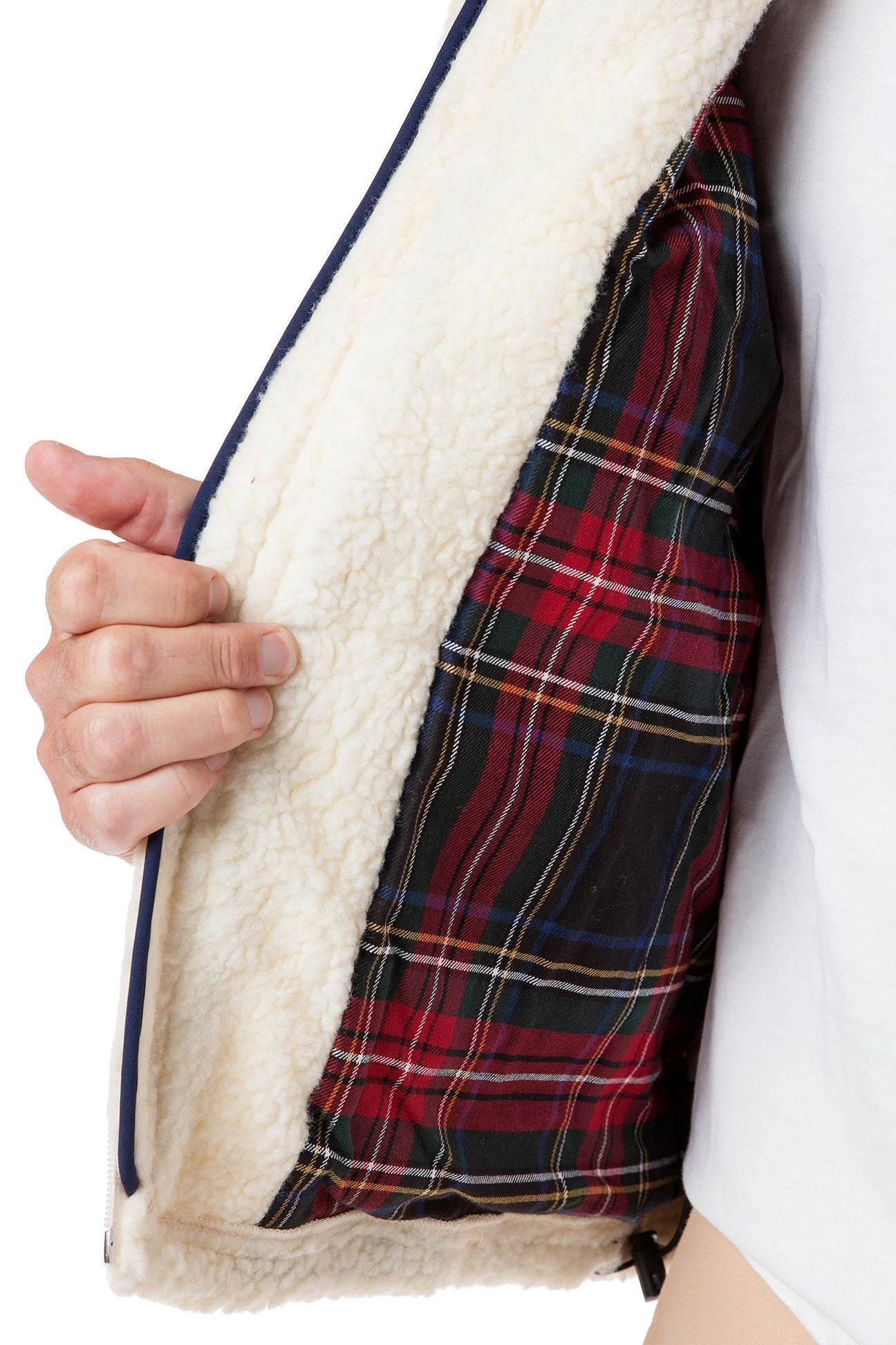 Sherpa Jacket for Women - Ivory Fleece Coat with Black Stewart Plaid Lining | Warm Winter Outerwear for Hiking, Camping & Casual Wear