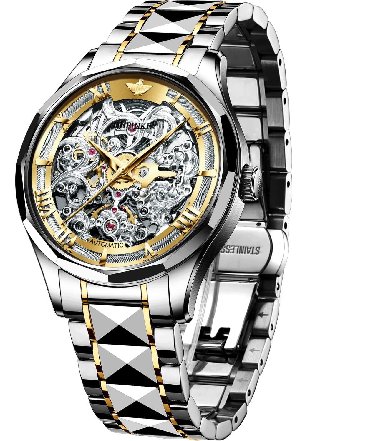 Premium Swiss OUPINKE Men's Luxury Skeleton Automatic Mechanical Watch - Self-Winding, Sapphire Crystal, Tungsten Case, 50M Waterproof - Perfect for Business, Formal Events & Gift Giving