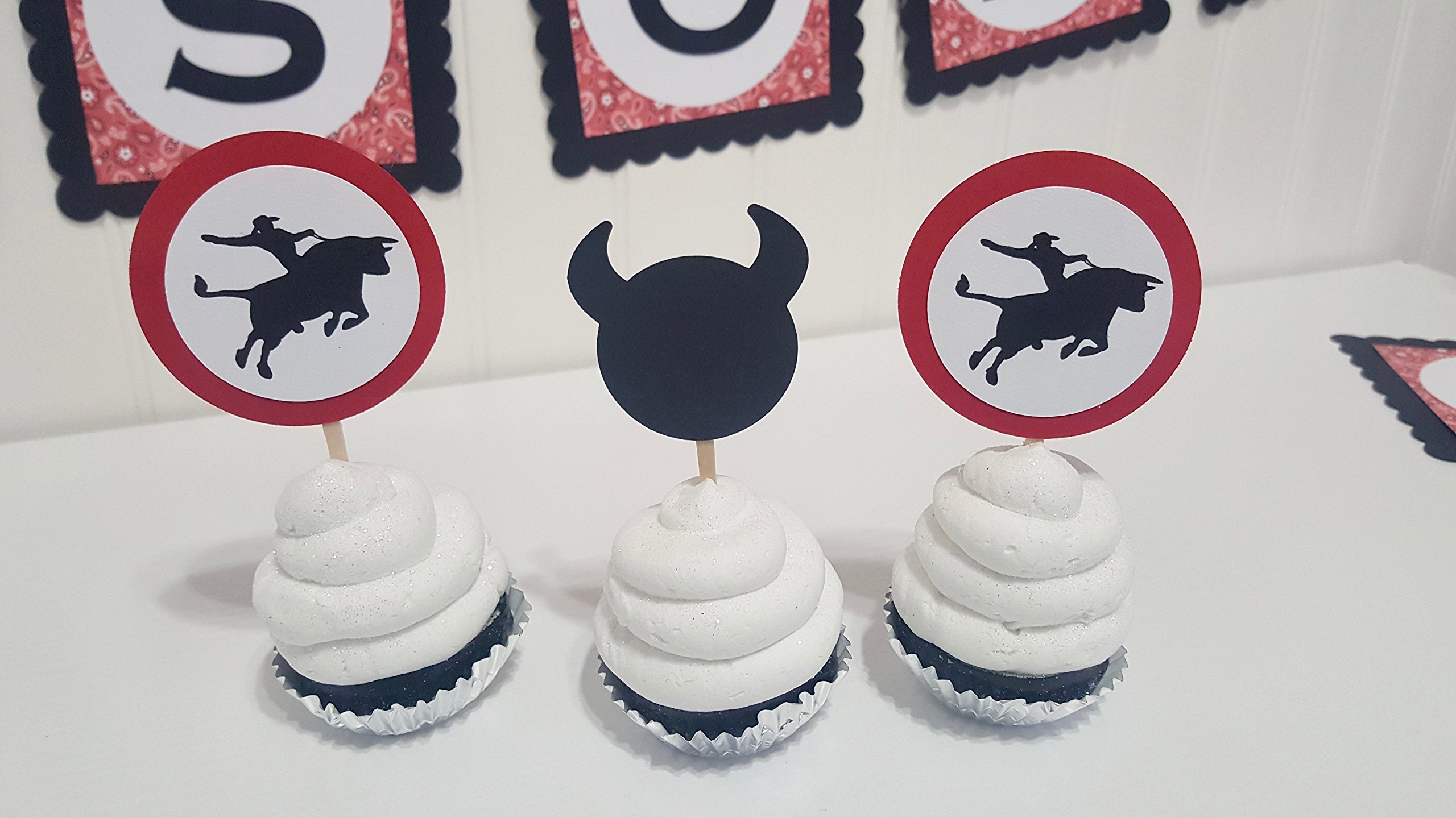Bull Rider Cupcake Toppers - Western Theme Cowboy Party Decorations for Birthday Cakes, Baby Showers & Rodeo Events