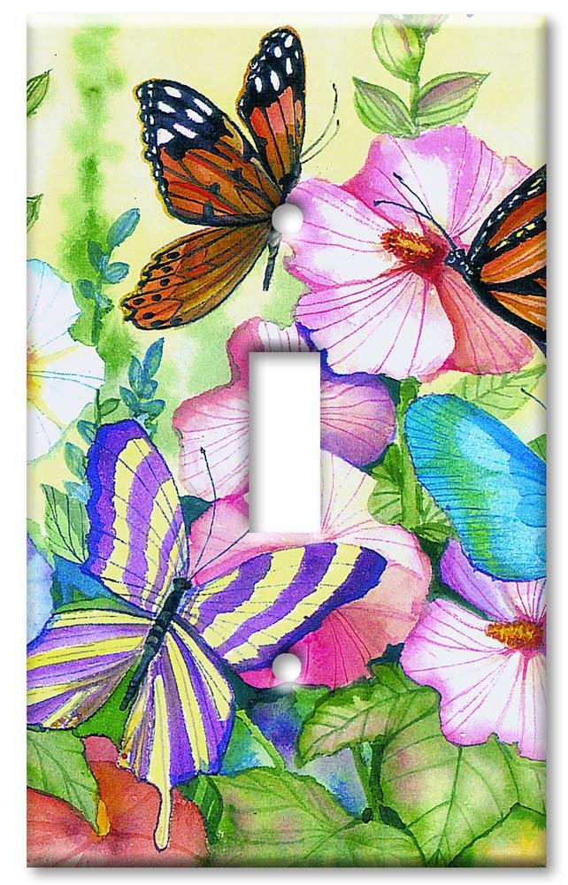 Oversized Single Gang Toggle Switch Plate - Decorative Metal Wall Cover with Garden Butterflies Design - Made in USA - Perfect for Home Decor, Living Room, Bedroom & Office