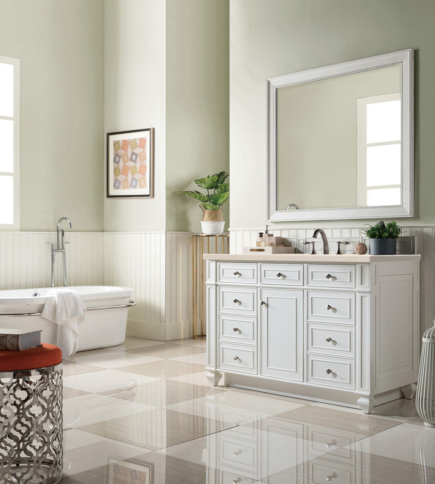 Bristol 48 Inch Single Bathroom Vanity Set with 3CM Eternal Marfil Quartz Countertop in Bright White - Perfect for Modern Master Bathrooms and Powder Rooms