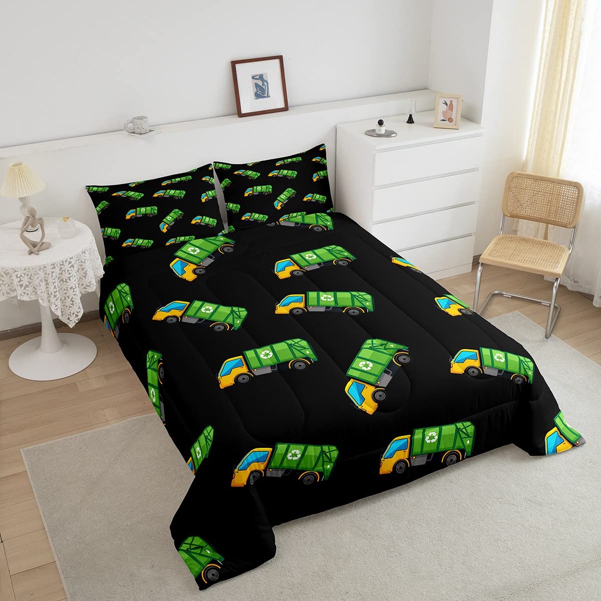 **Castle Fairy Garbage Truck Toy Comforter Set - Twin Size Kids Bedding with Pillowcase, Down Alternative Duvet Cover | Waste Management & Recycling Themed Cartoon Design | Perfect for Birthday Gifts, Kids' Room Decor, and Playtime Comfort**