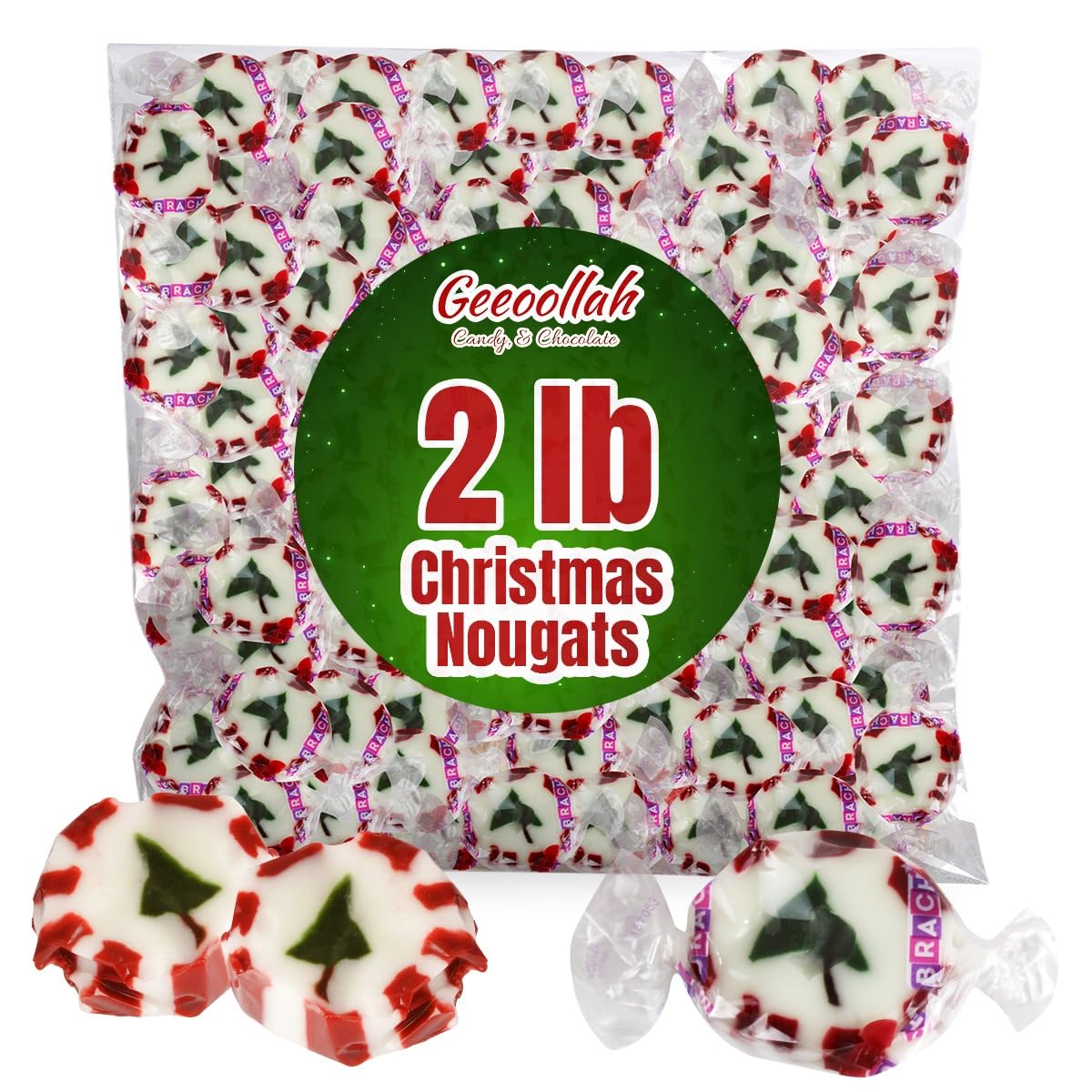 Bulk 2lb Peppermint Christmas Nougat Candy - Individually Wrapped Holiday Sweets for Gifts, Stocking Stuffers & Festive Treats - Delicious Peppermint Flavor Jelly Candy for Parties, Office Snacks & Christmas Celebrations