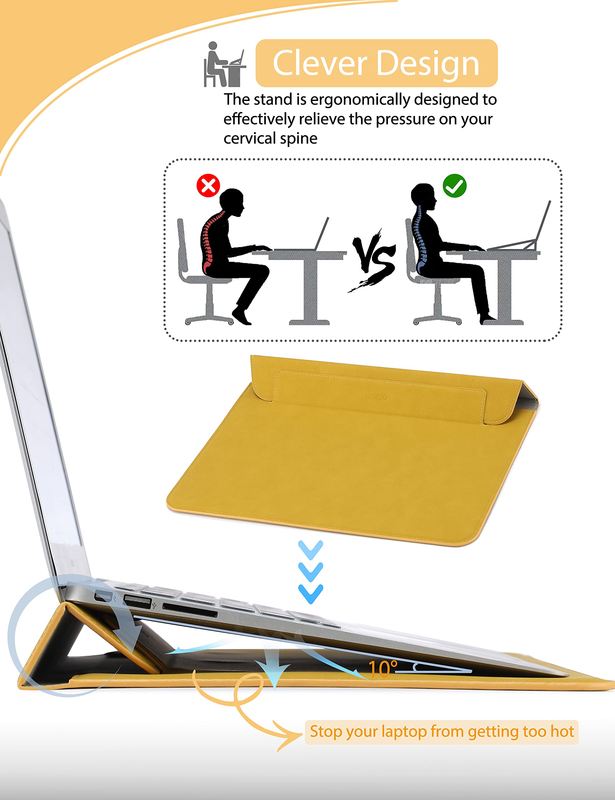 HYZUO 15-16 Inch Laptop Sleeve Case with Stand - Compatible with MacBook Pro 16 M1 Pro/Max A2485 A2141 2019-2022, MacBook Pro 15 2012-2019, Surface Laptop 15 - Protective Carrying Case with Accessory Bag (Olive Yellow) for Work, Travel & School