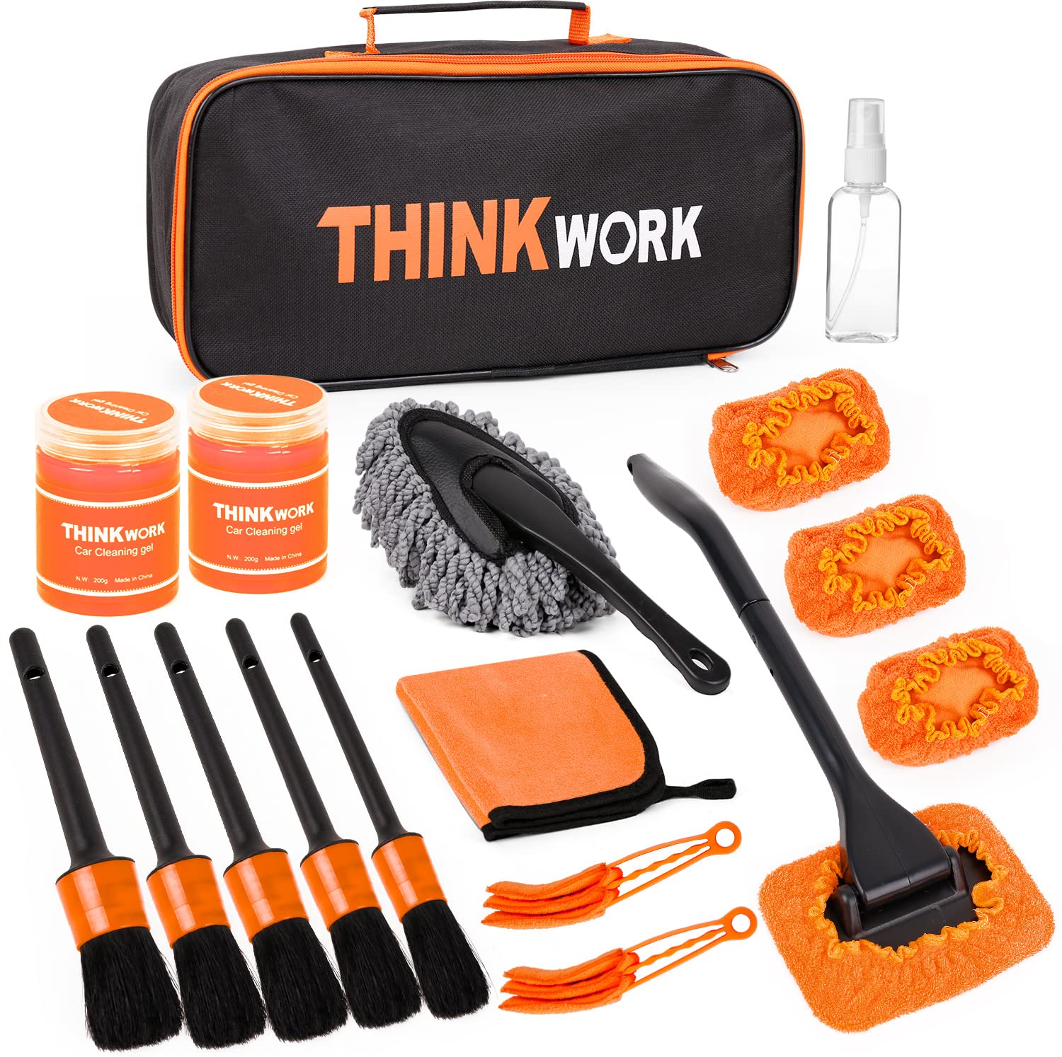 THINKWORK 17PCS Car Detailing Kit - Premium Interior & Exterior Cleaning Tools Set with Dust Removal Brush, Detailing Gel, Window Cleaner, Microfiber Towels for Car Washing, Waxing & Auto Care